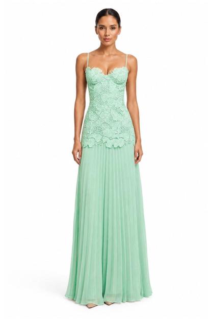 Lace Splicing Chiffon Pleated Slip Maxi Dress