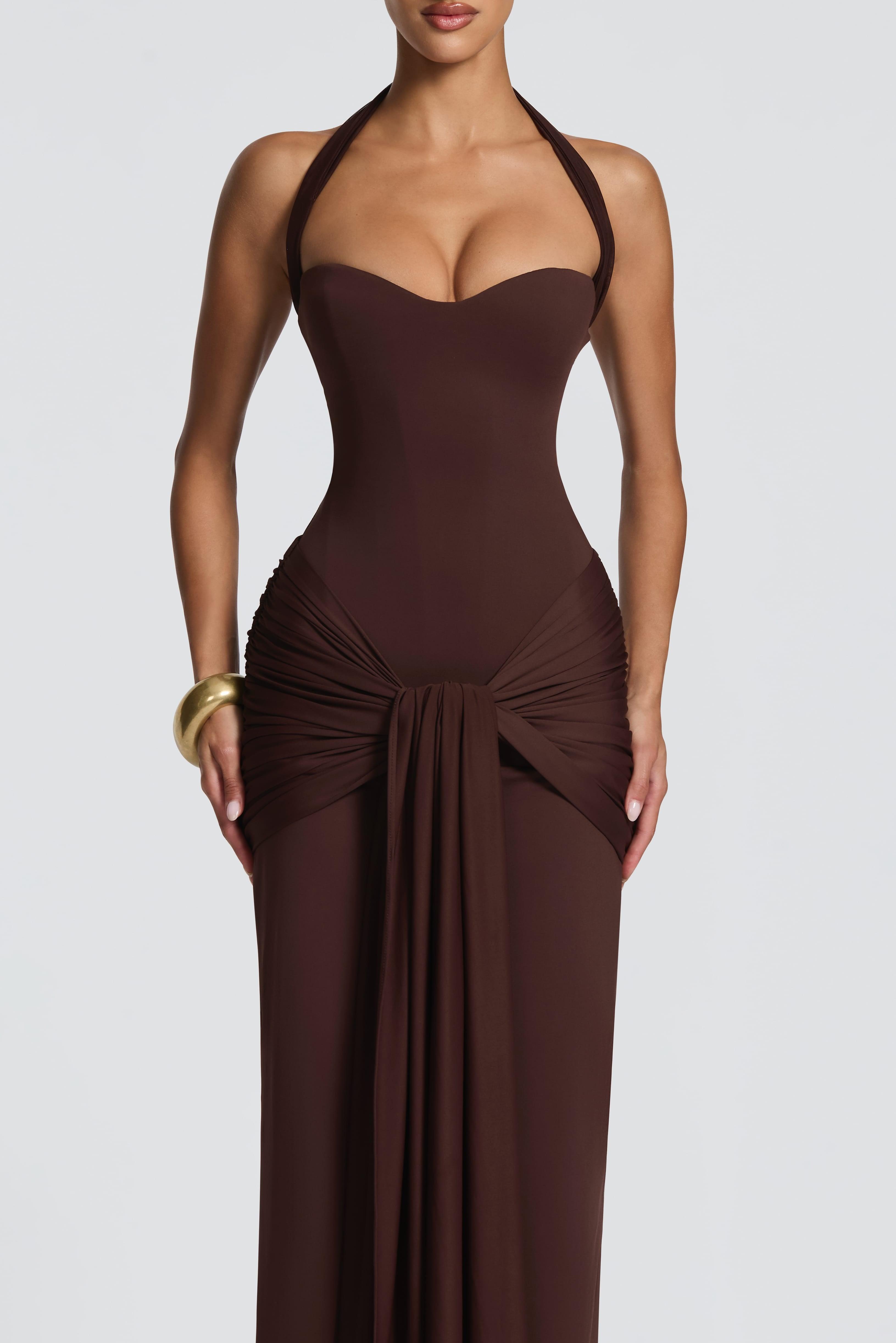 Jersey Halter Neck Ruched Maxi Dress