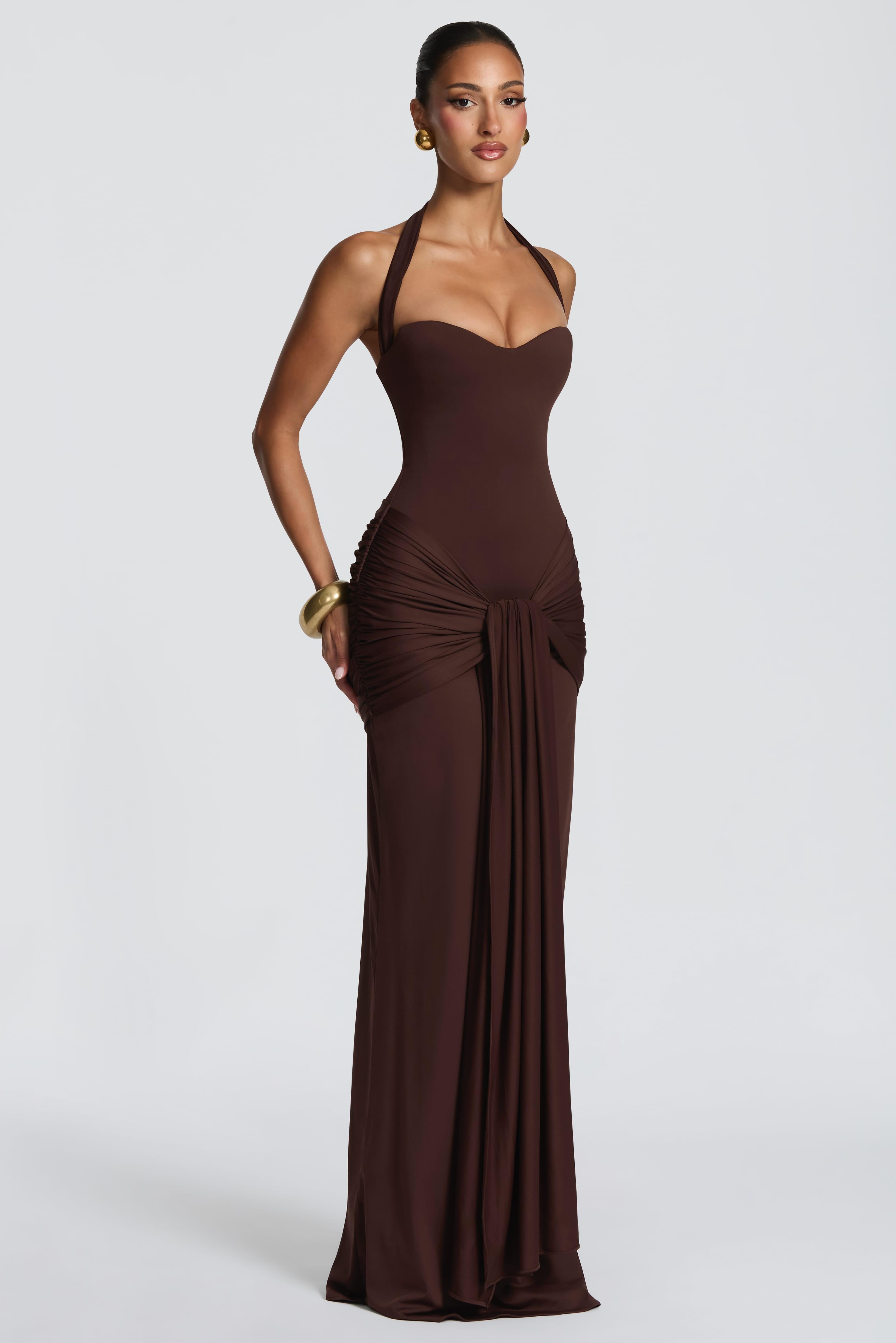 Jersey Halter Neck Ruched Maxi Dress