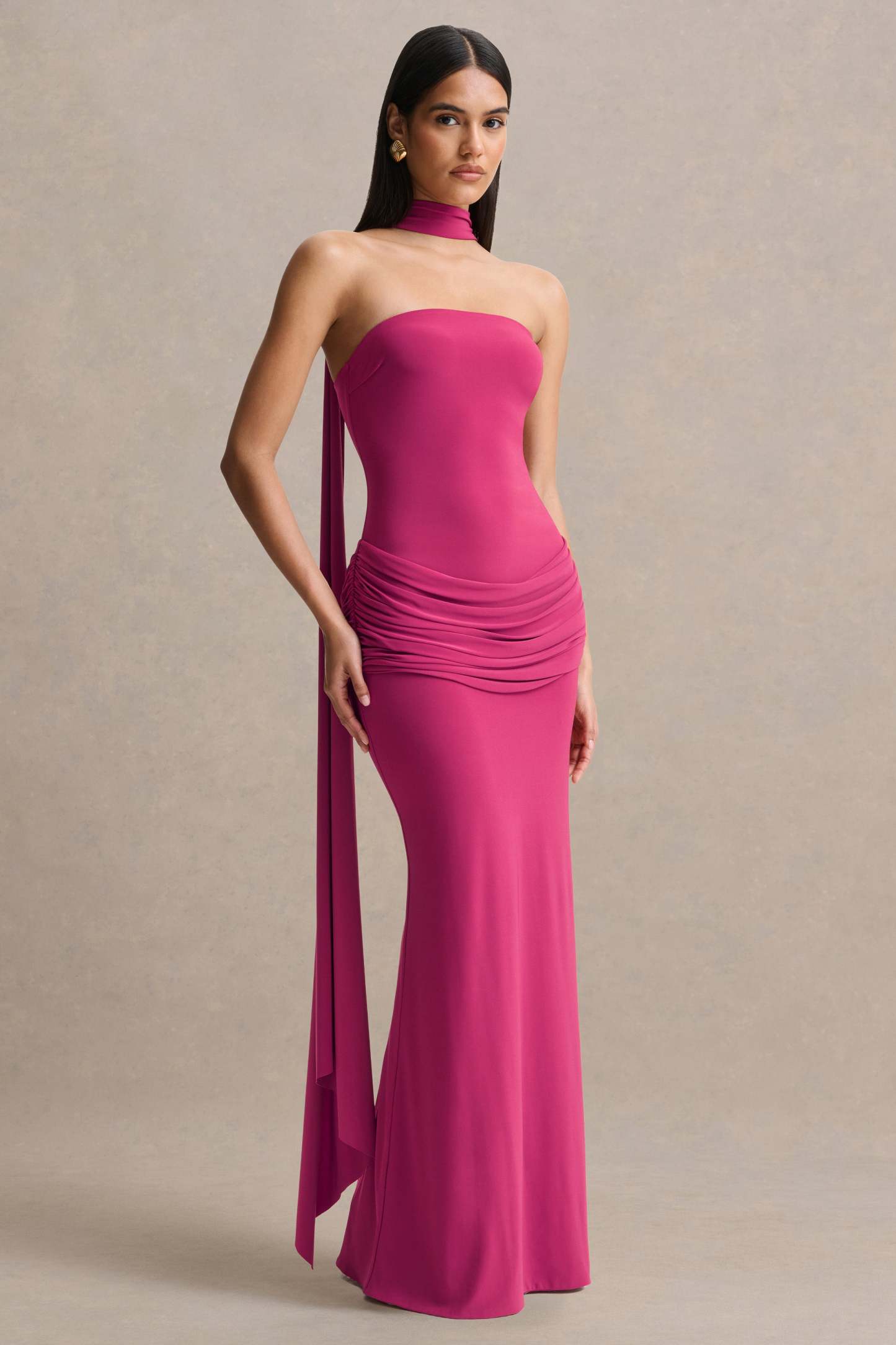 Jersey Strapless Ruched Maxi Dress