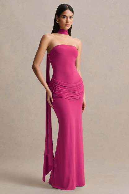 Jersey Strapless Ruched Maxi Dress