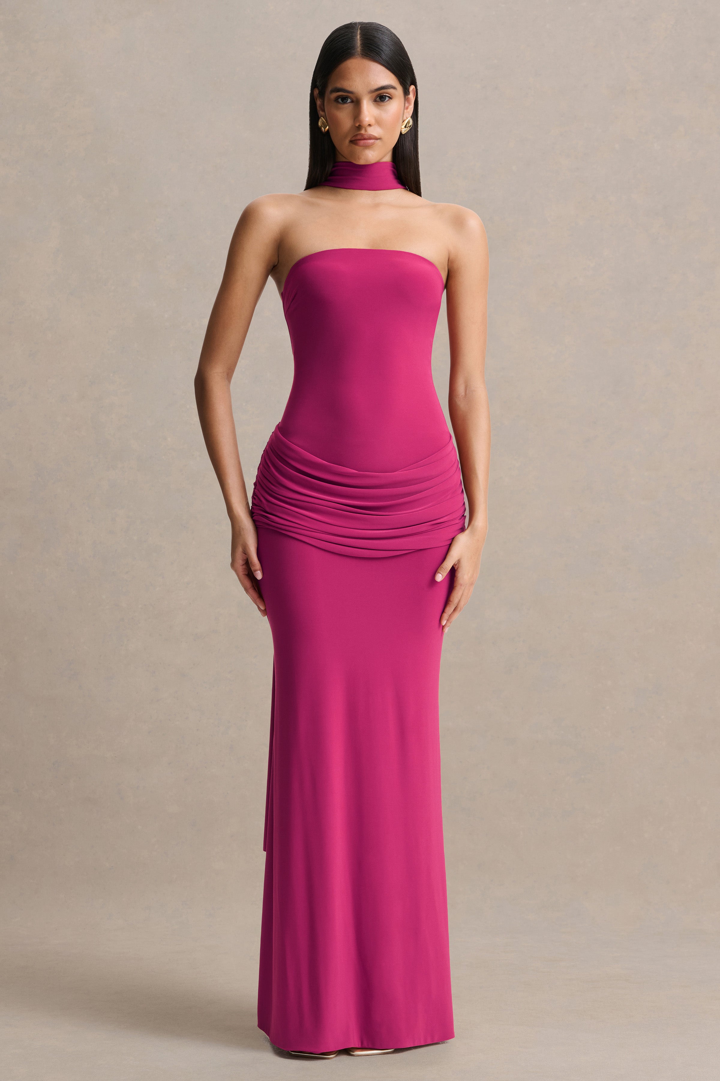 Jersey Strapless Ruched Maxi Dress