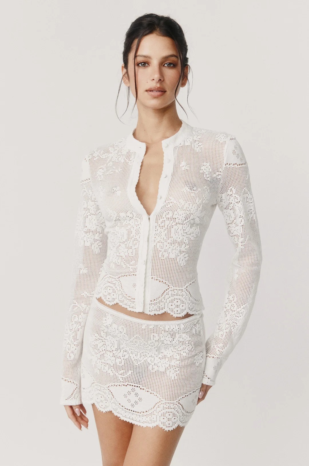 Crochet See-Through Single Breasted Top & Low Waist Mini Skirt Set