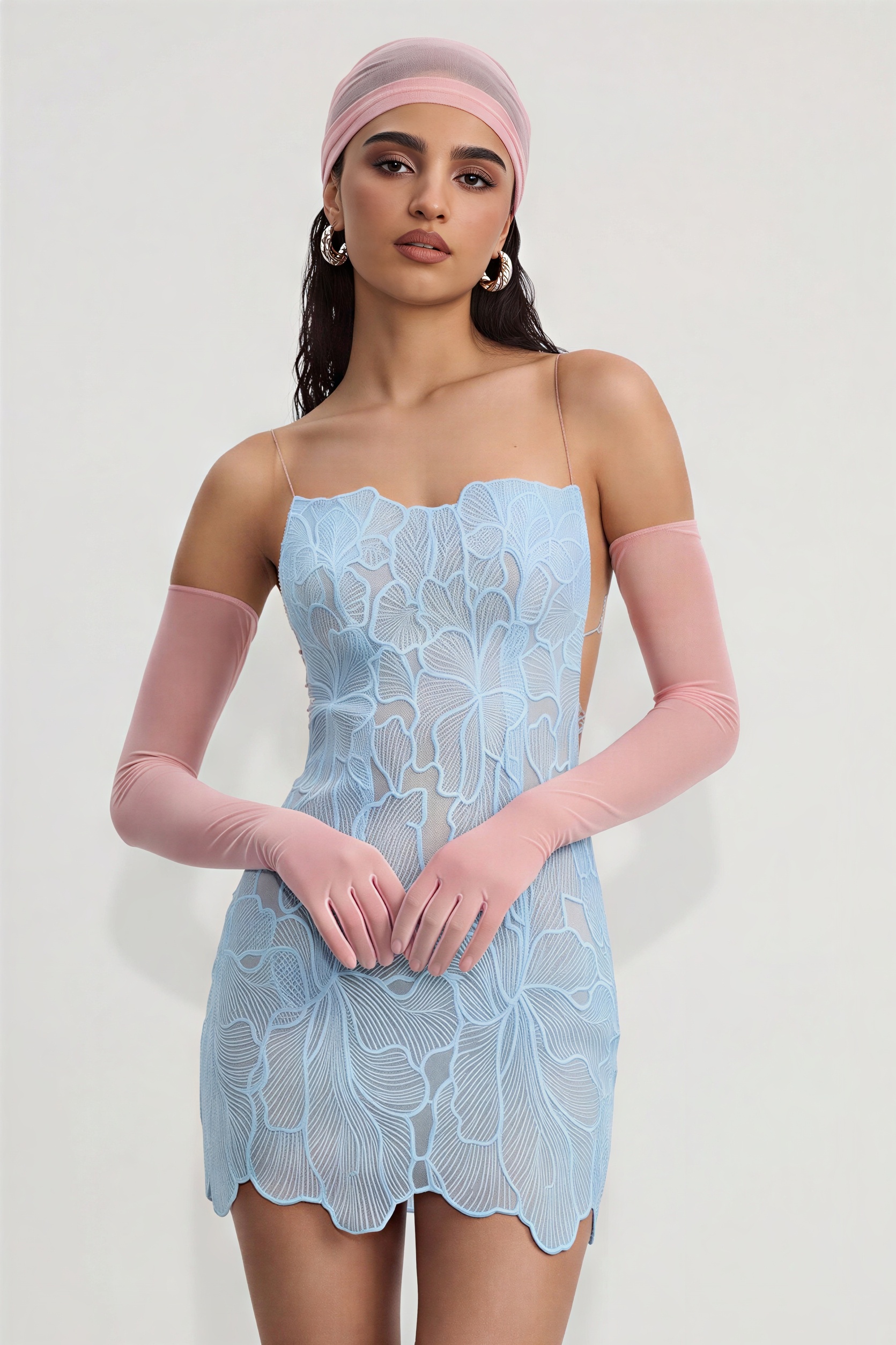 Mesh Sequin Embroidered Tie-Up Mini Dress