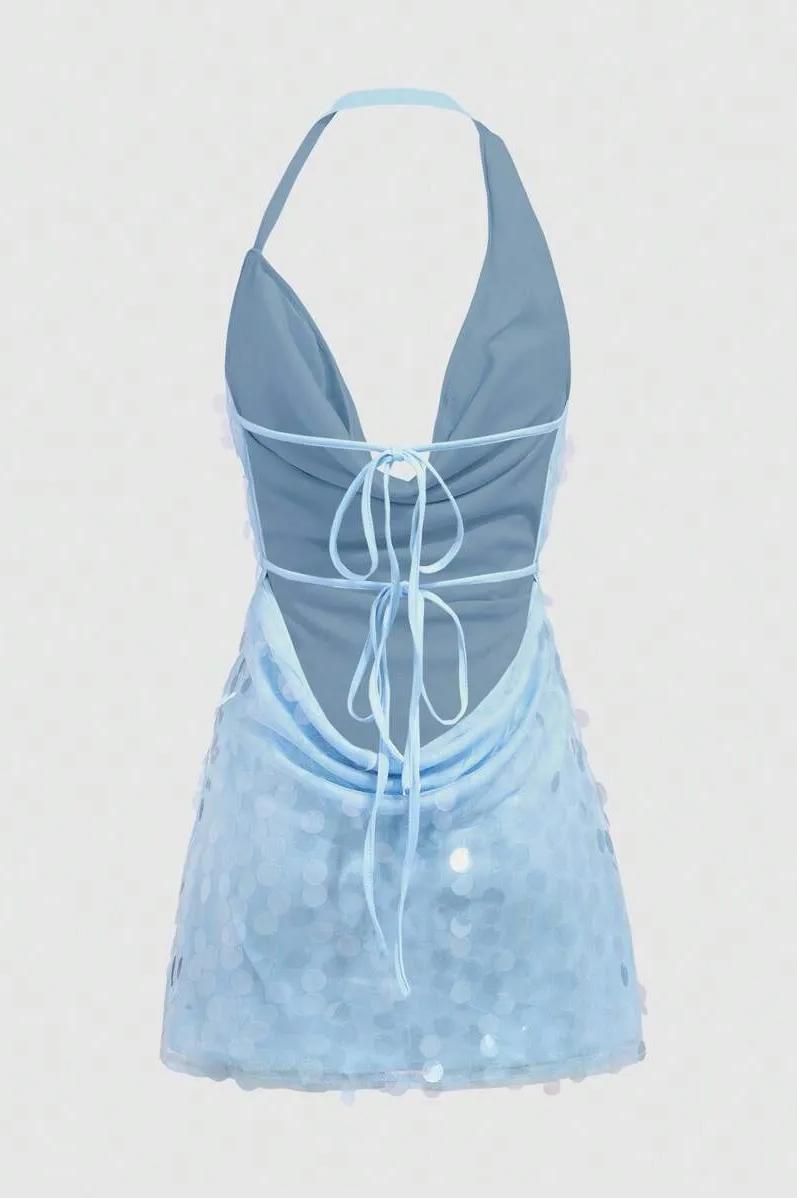 Sequin Tie-Up Cowl Neckline Mini Dress
