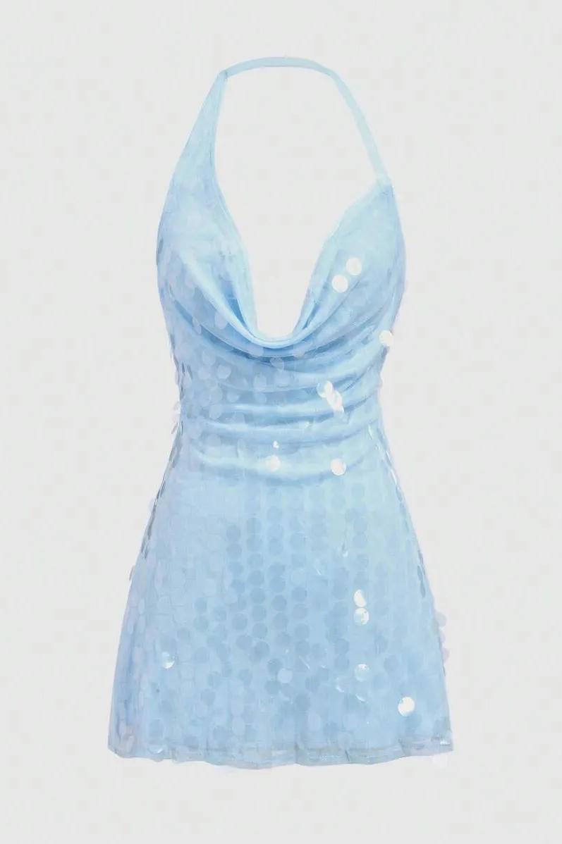 Sequin Tie-Up Cowl Neckline Mini Dress