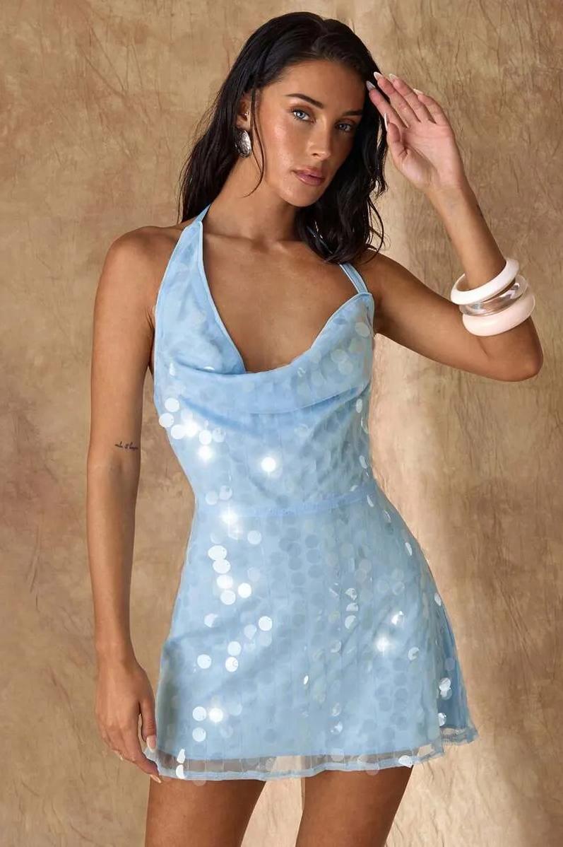 Sequin Tie-Up Cowl Neckline Mini Dress