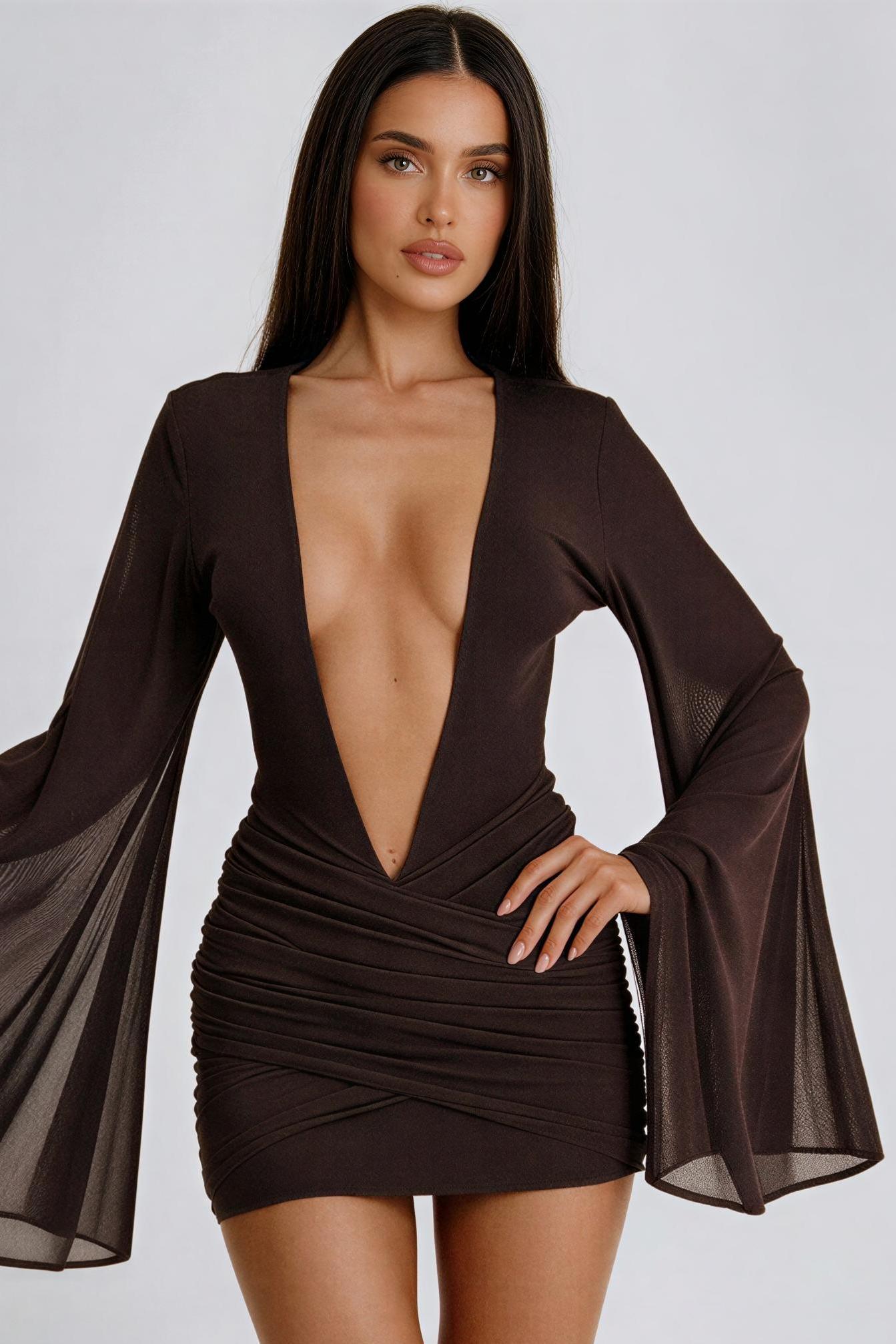 Jersey Splicing Mesh Bell Sleeve V-Neck Mini Dress