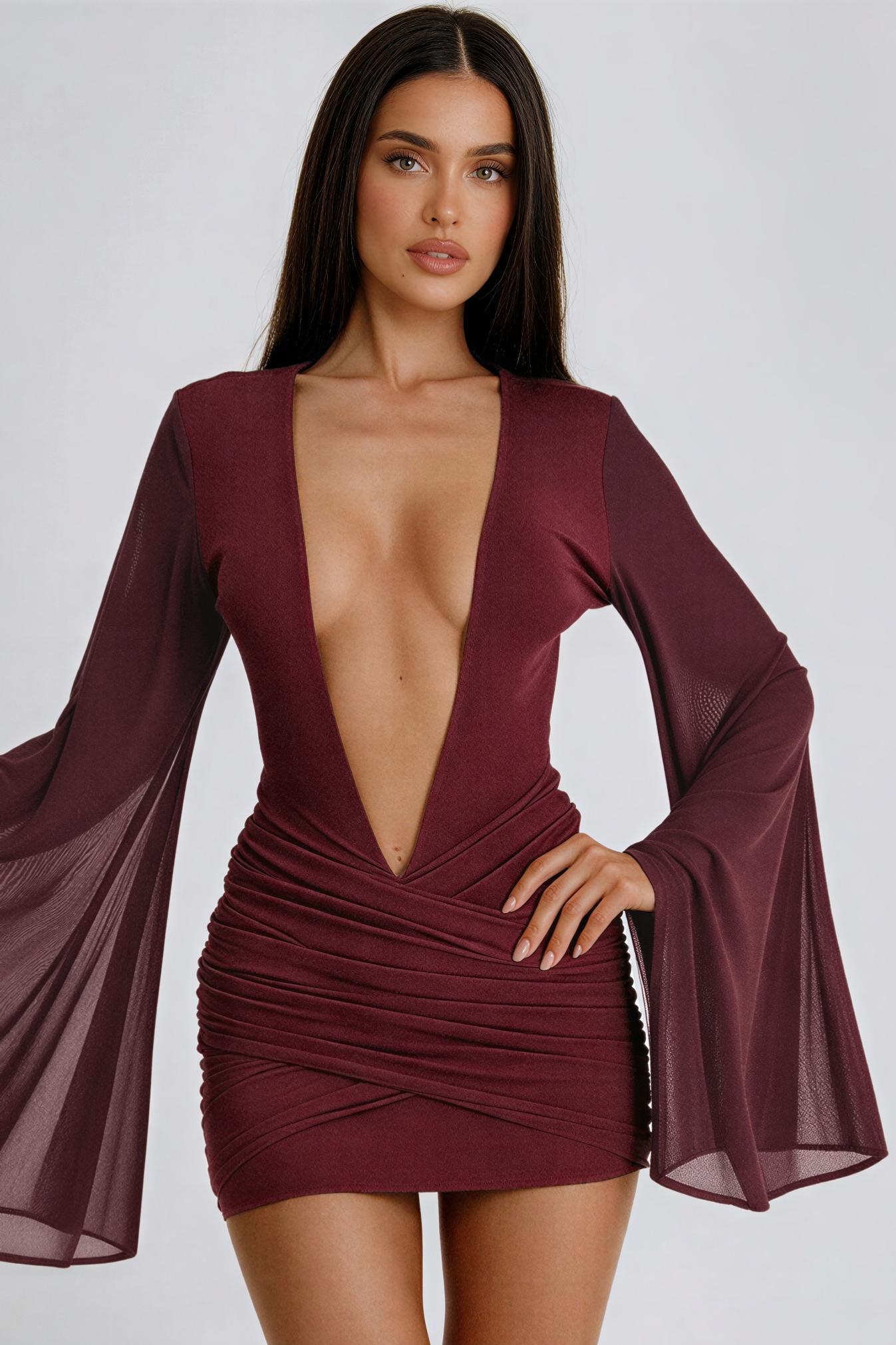 Jersey Splicing Mesh Bell Sleeve V-Neck Mini Dress