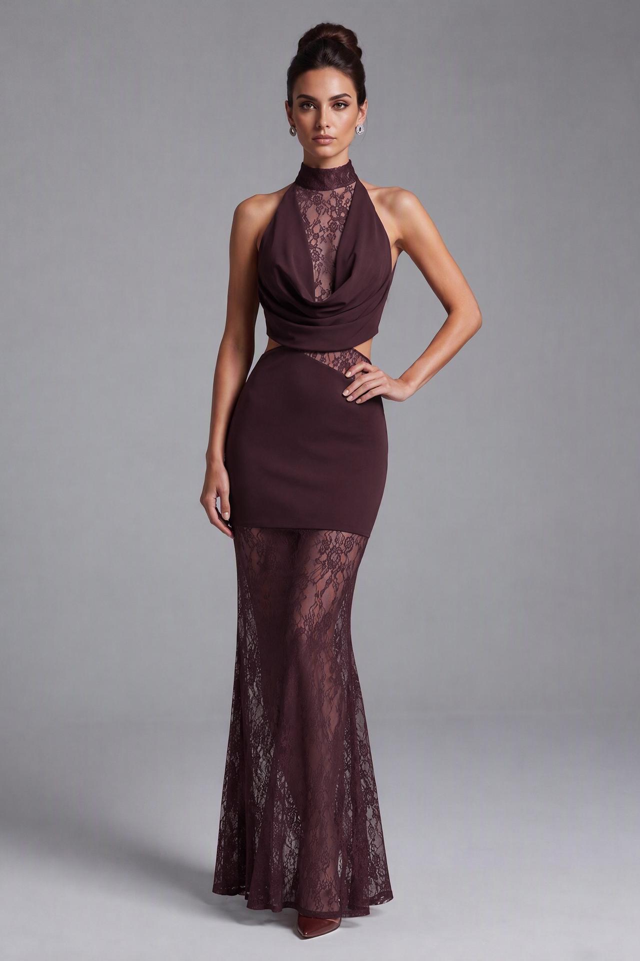 Lace Splicing Jersey See-Through Maxi Dress