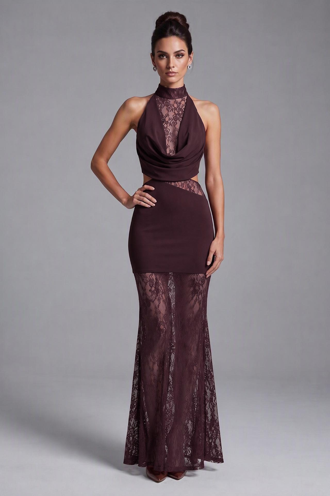 Lace Splicing Jersey See-Through Maxi Dress