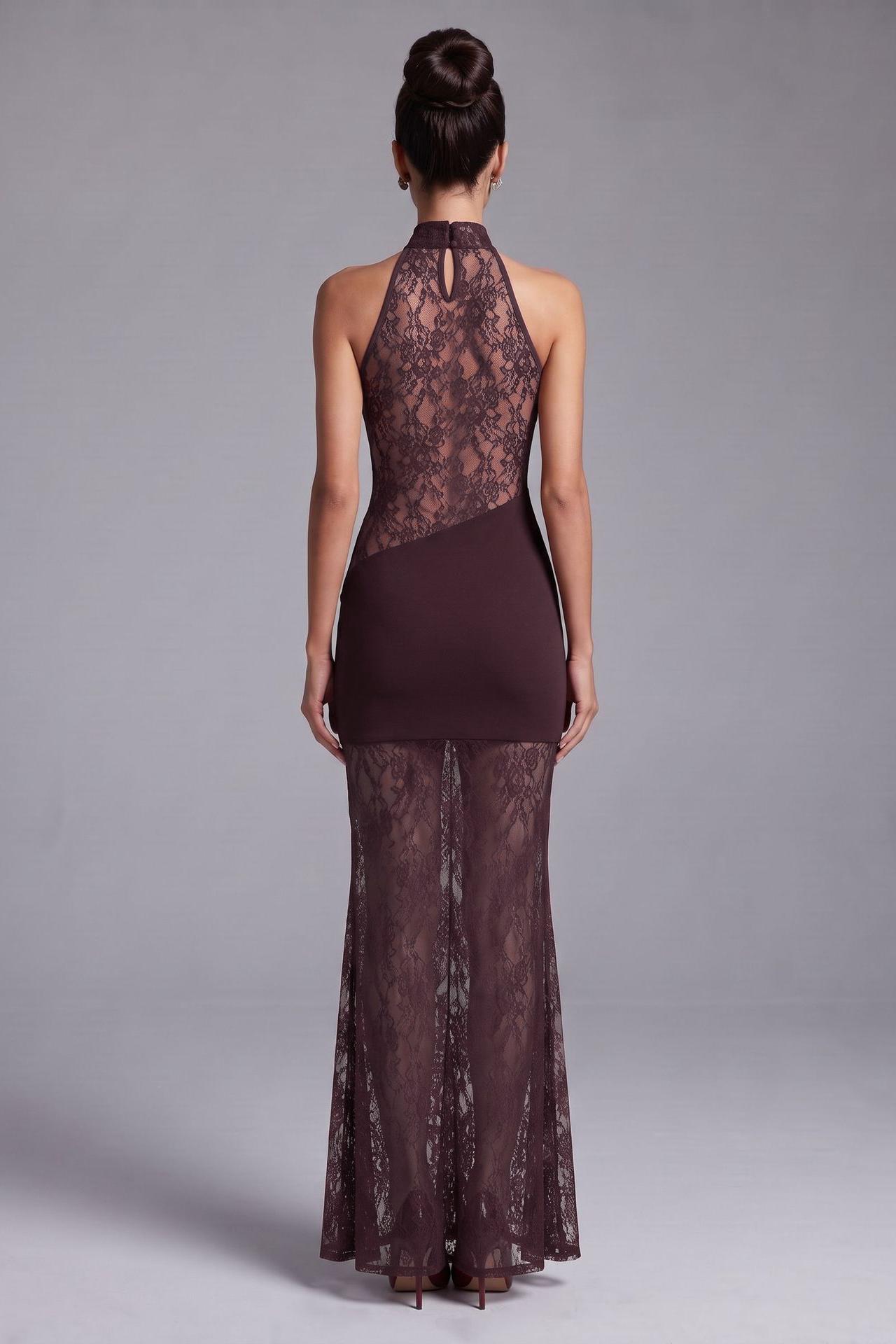 Lace Splicing Jersey See-Through Maxi Dress
