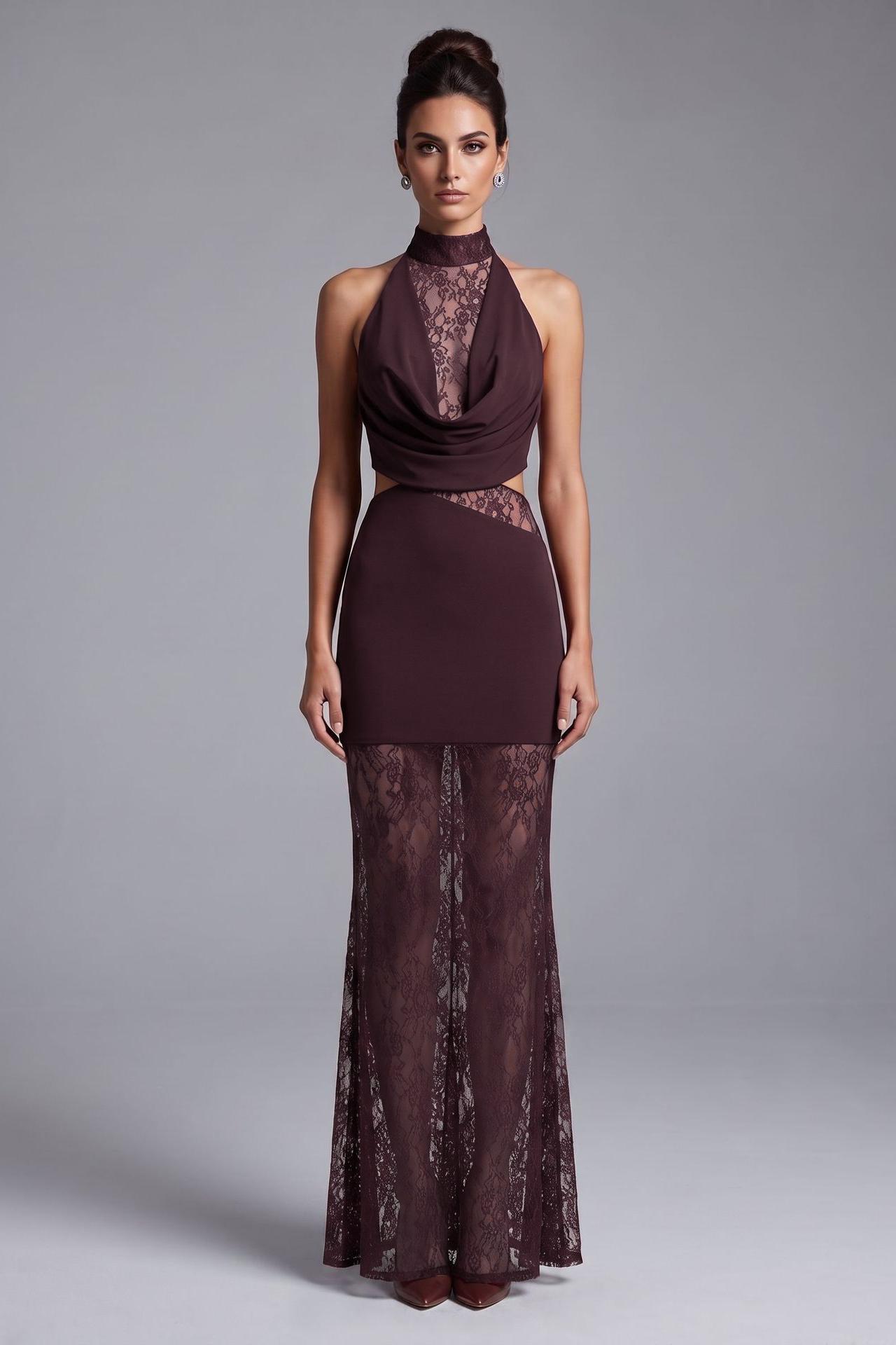 Lace Splicing Jersey See-Through Maxi Dress
