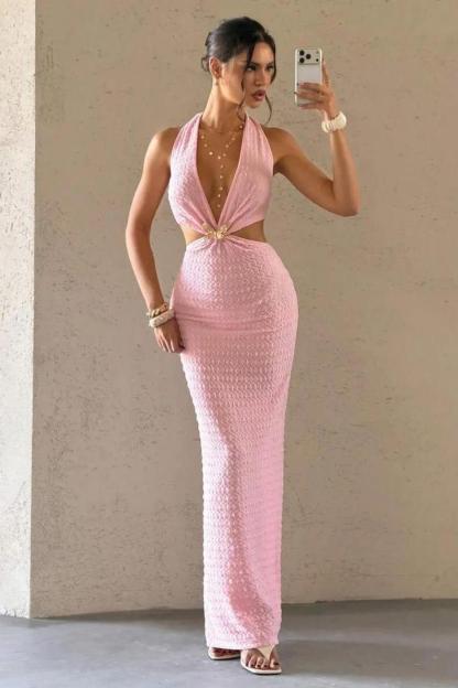 Jersey Halter Neck Ruched Metal Decorations Maxi Dress