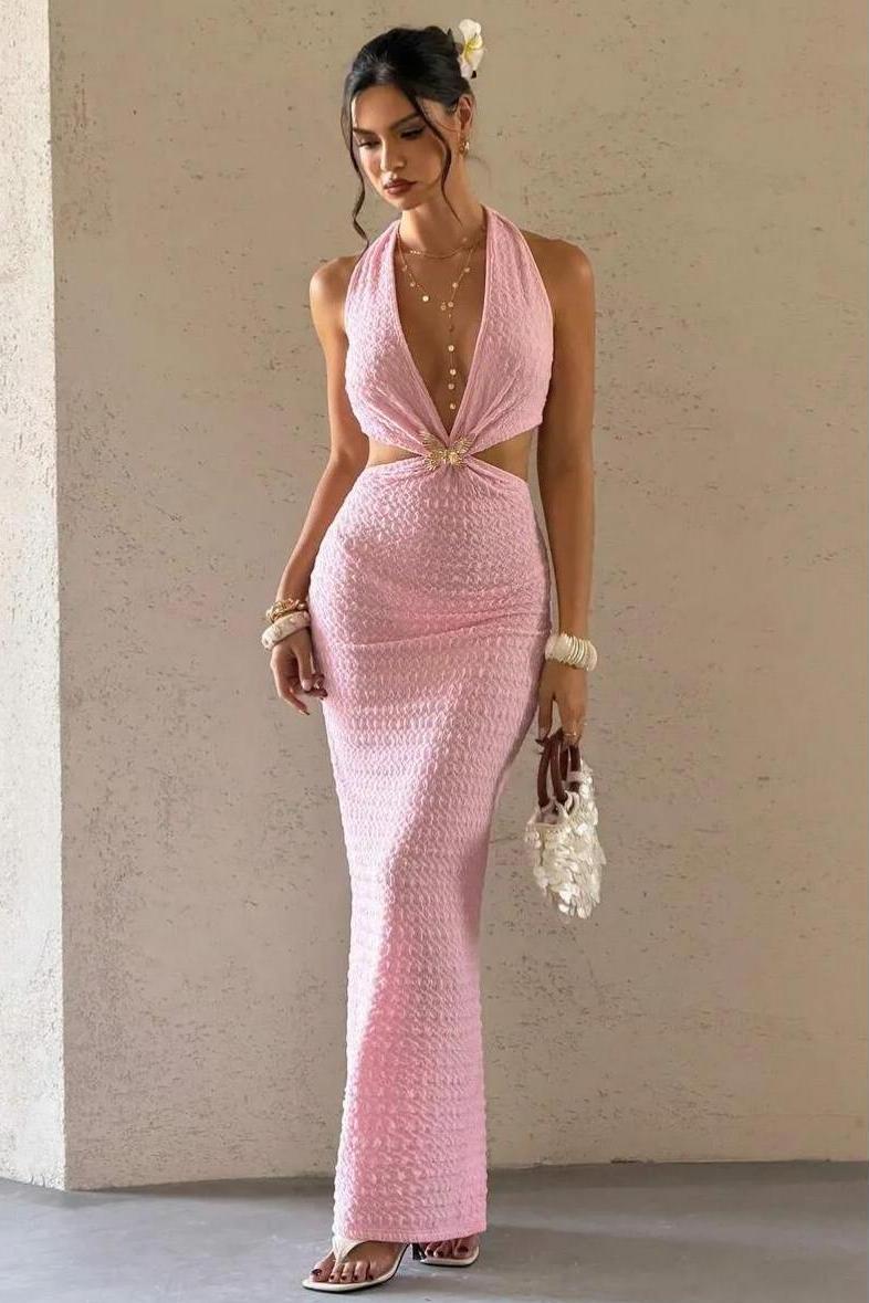 Jersey Halter Neck Ruched Metal Decorations Maxi Dress