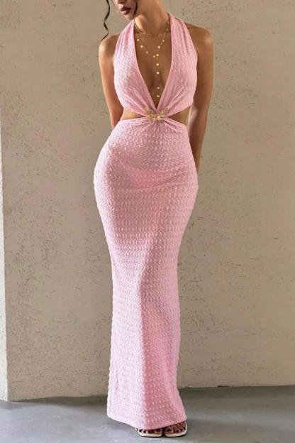 Jersey Halter Neck Ruched Metal Decorations Maxi Dress