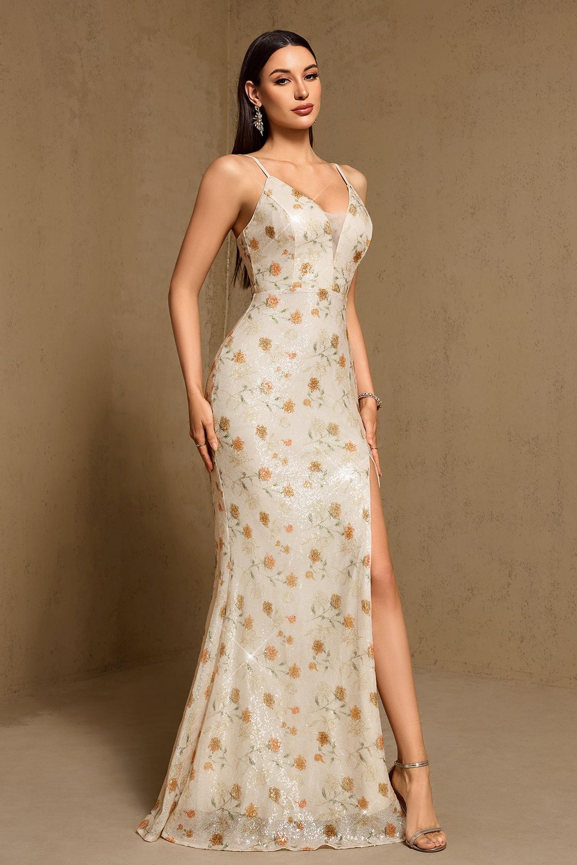 Sequin Floral Slit Maxi Dress