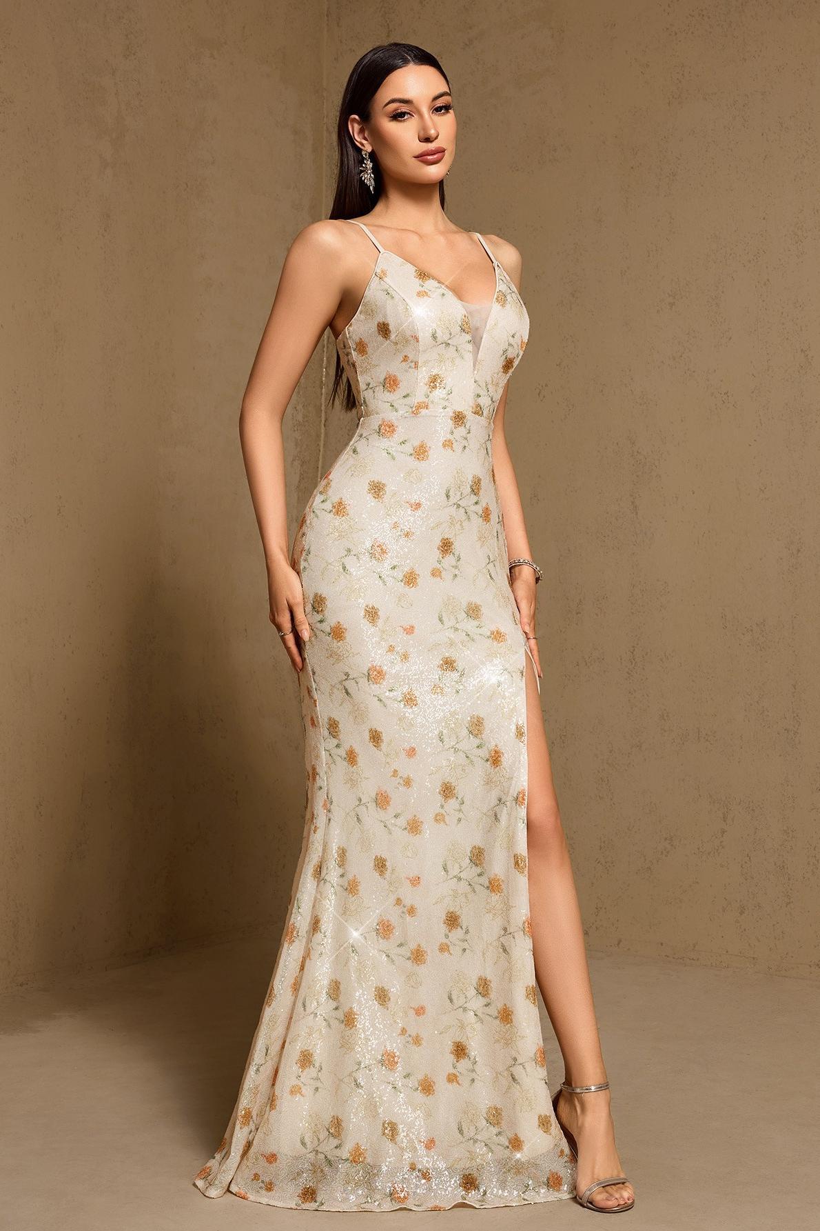 Sequin Floral Slit Maxi Dress