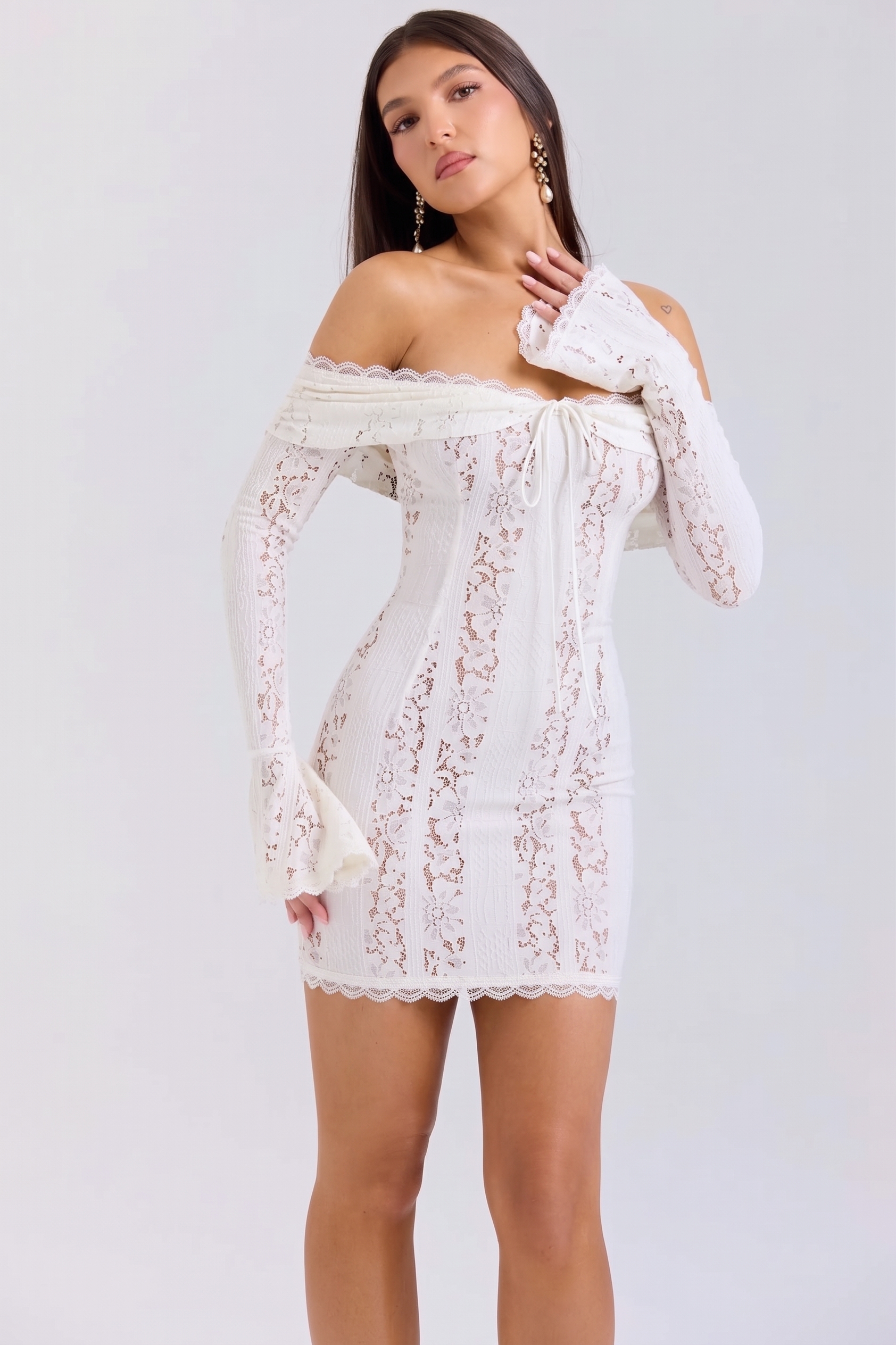 Lace See-Through Long Sleeve Mini Dress