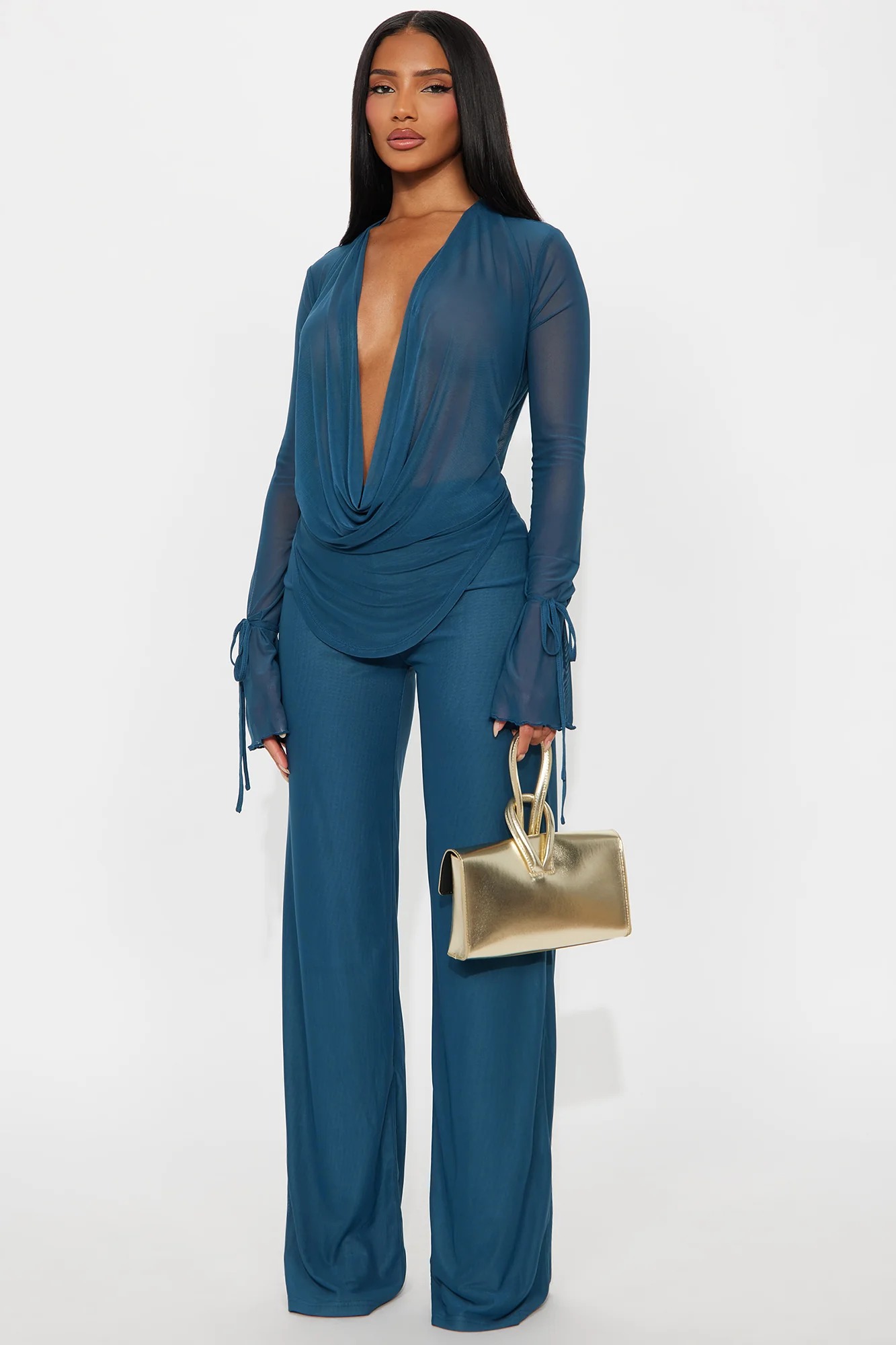 Mesh See-Through Cowl Neckline Top & Mid Waist Pants Set