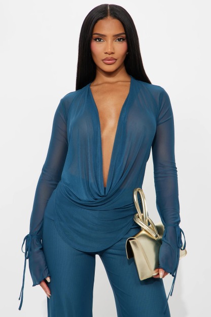 Mesh See-Through Cowl Neckline Top & Mid Waist Pants Set