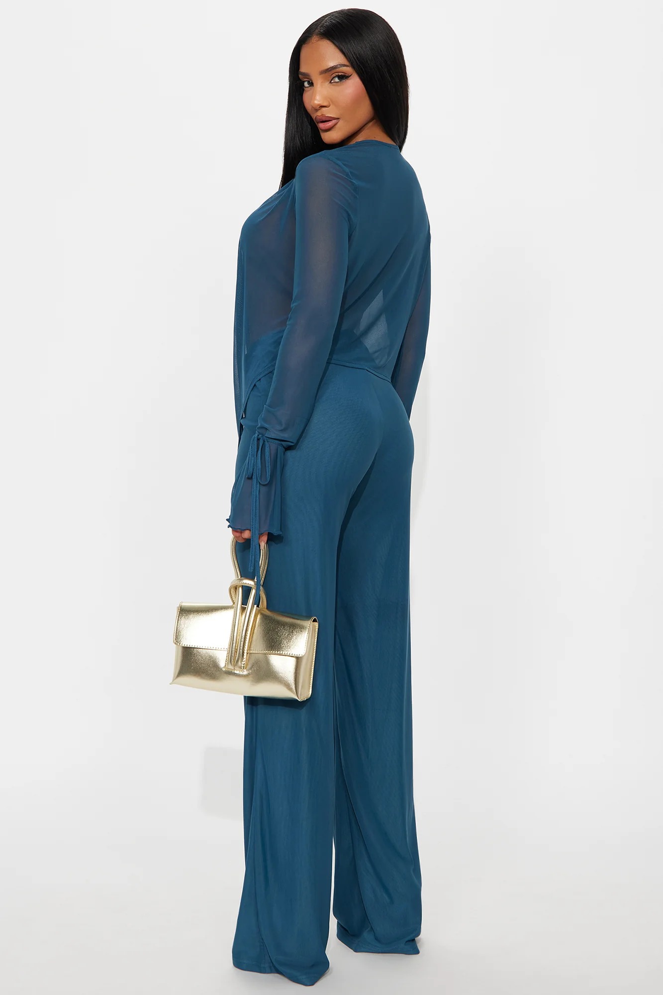 Mesh See-Through Cowl Neckline Top & Mid Waist Pants Set