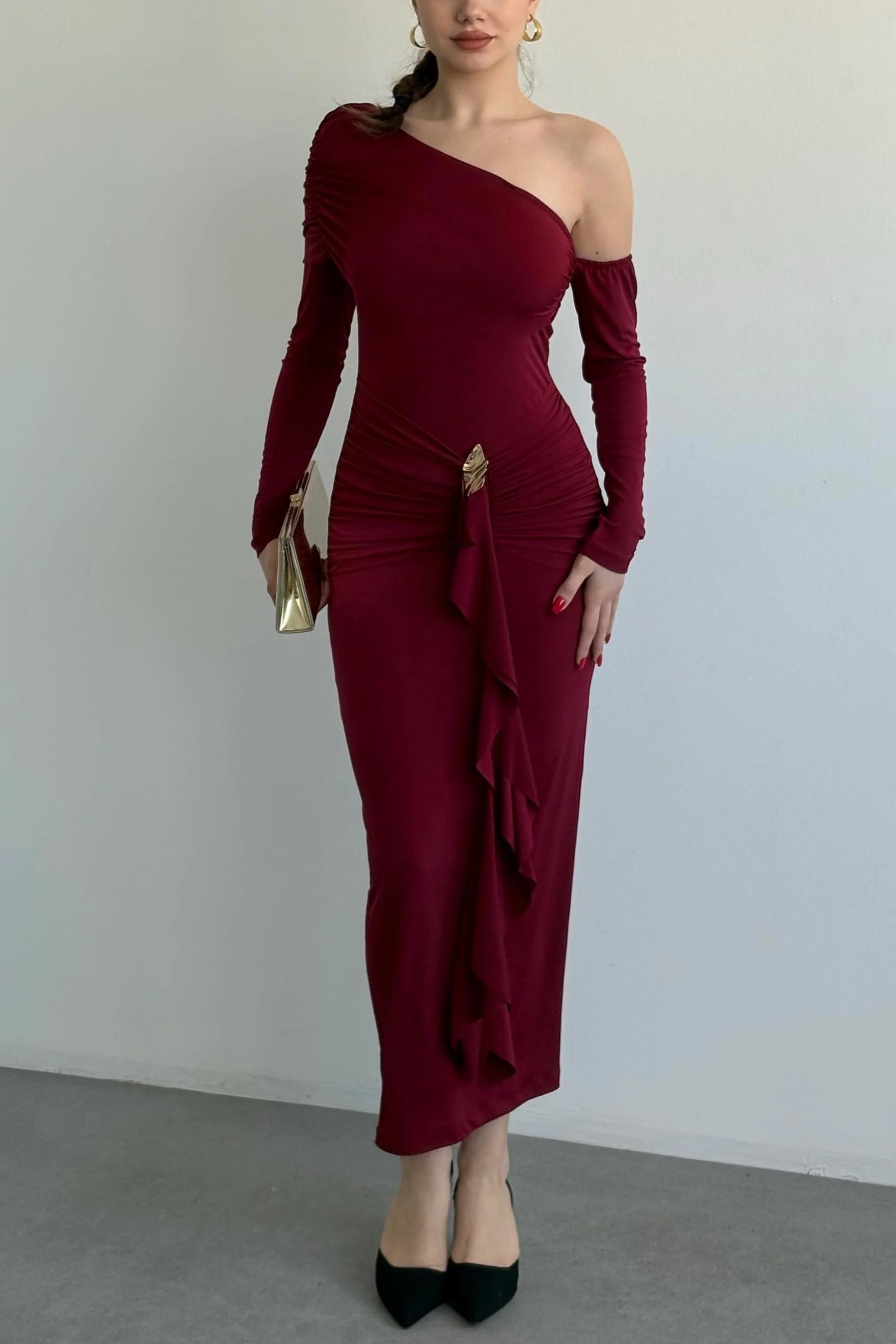 Jersey Asymmetrical Sleeve Metal Decorations Midi Dress