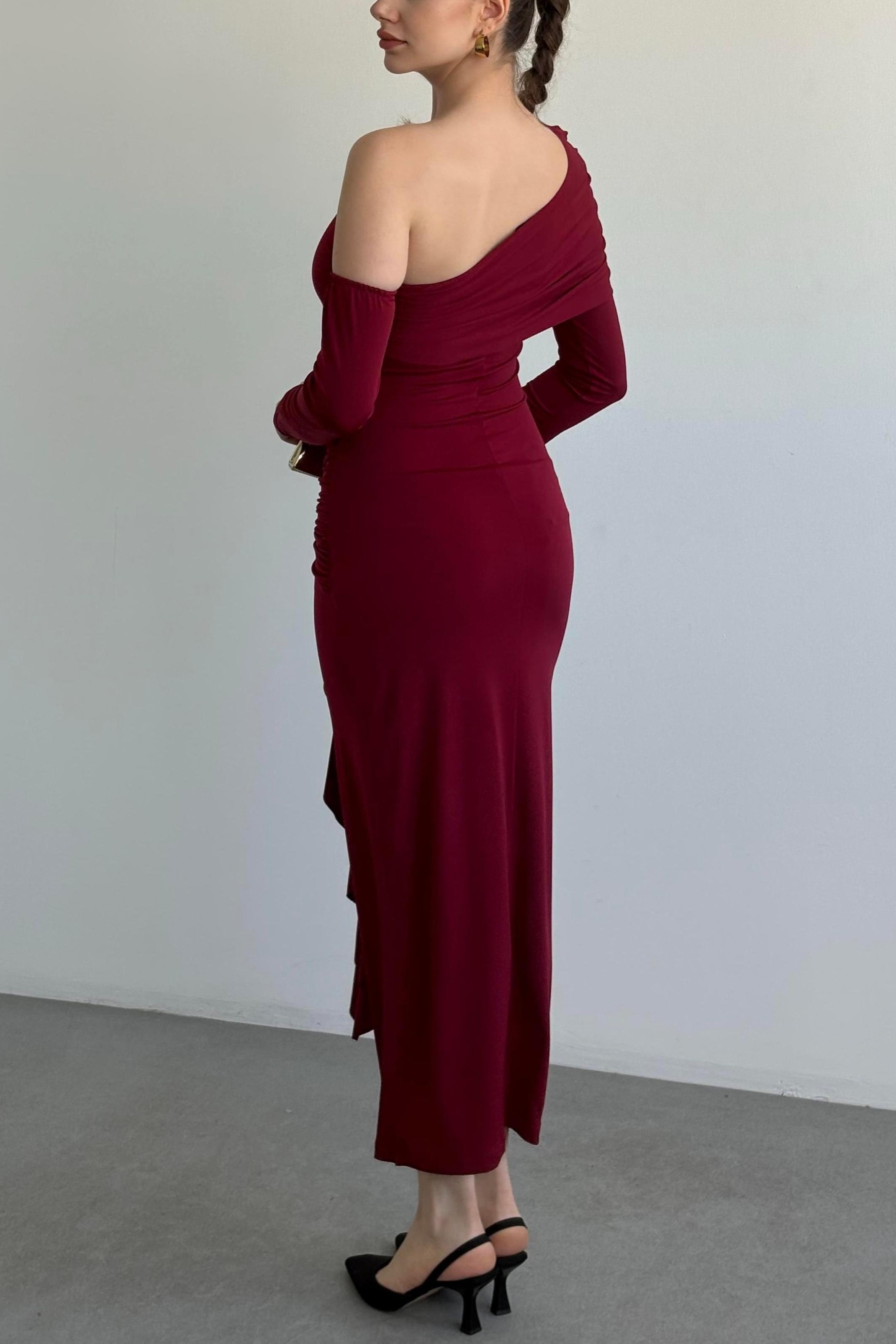 Jersey Asymmetrical Sleeve Metal Decorations Midi Dress