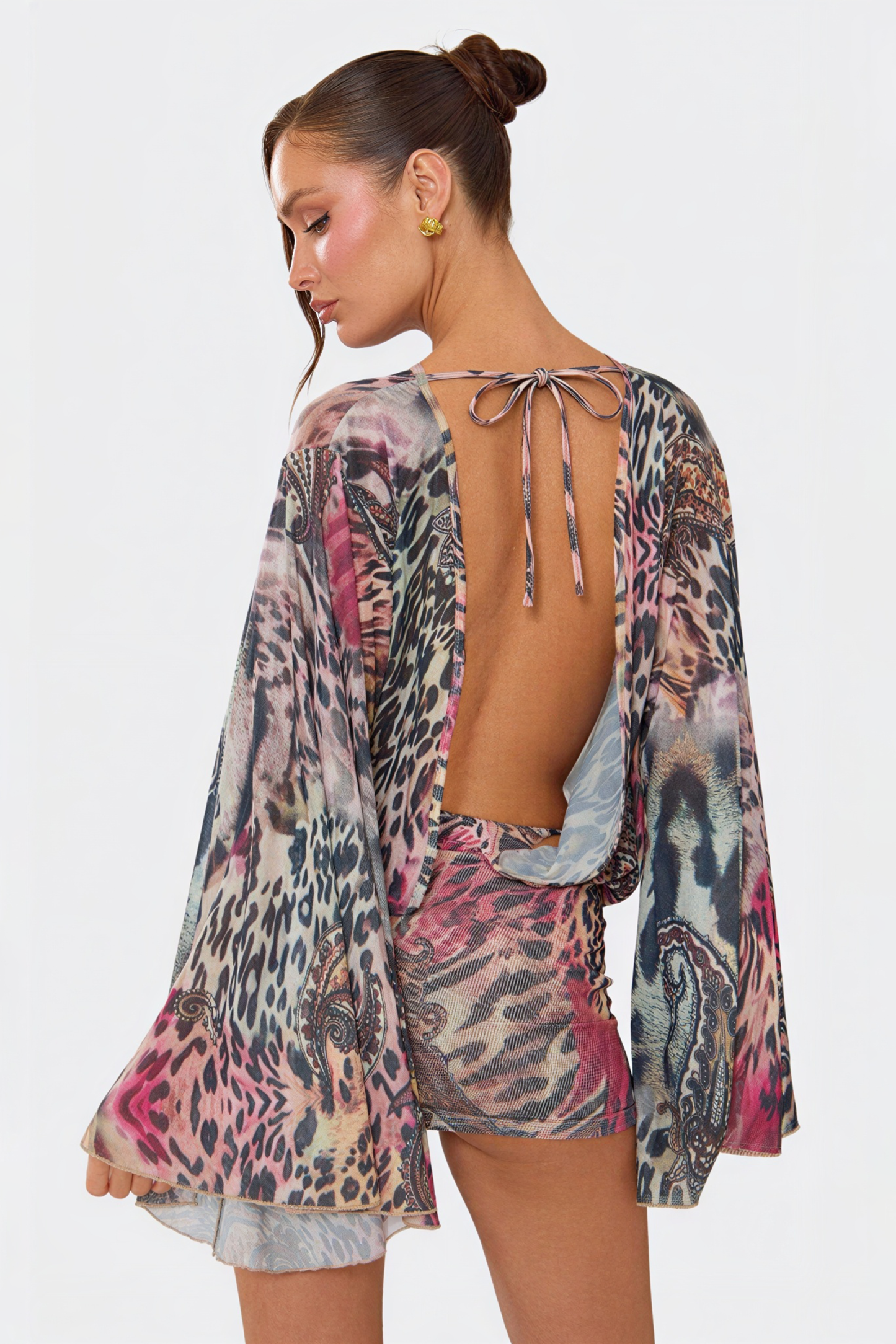 Leopard Print Bell Sleeve Backless Mini Dress