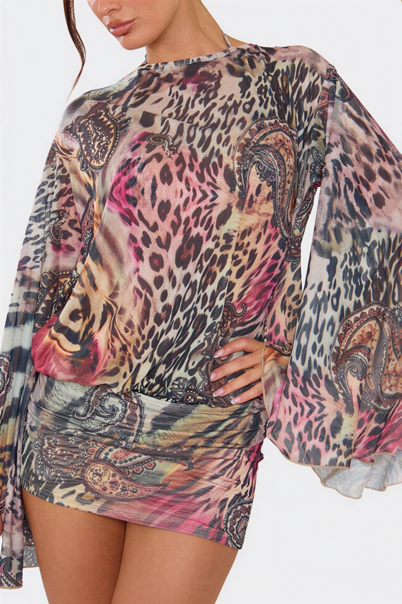 Leopard Print Bell Sleeve Backless Mini Dress