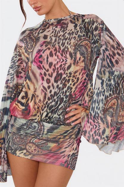 Leopard Print Bell Sleeve Backless Mini Dress