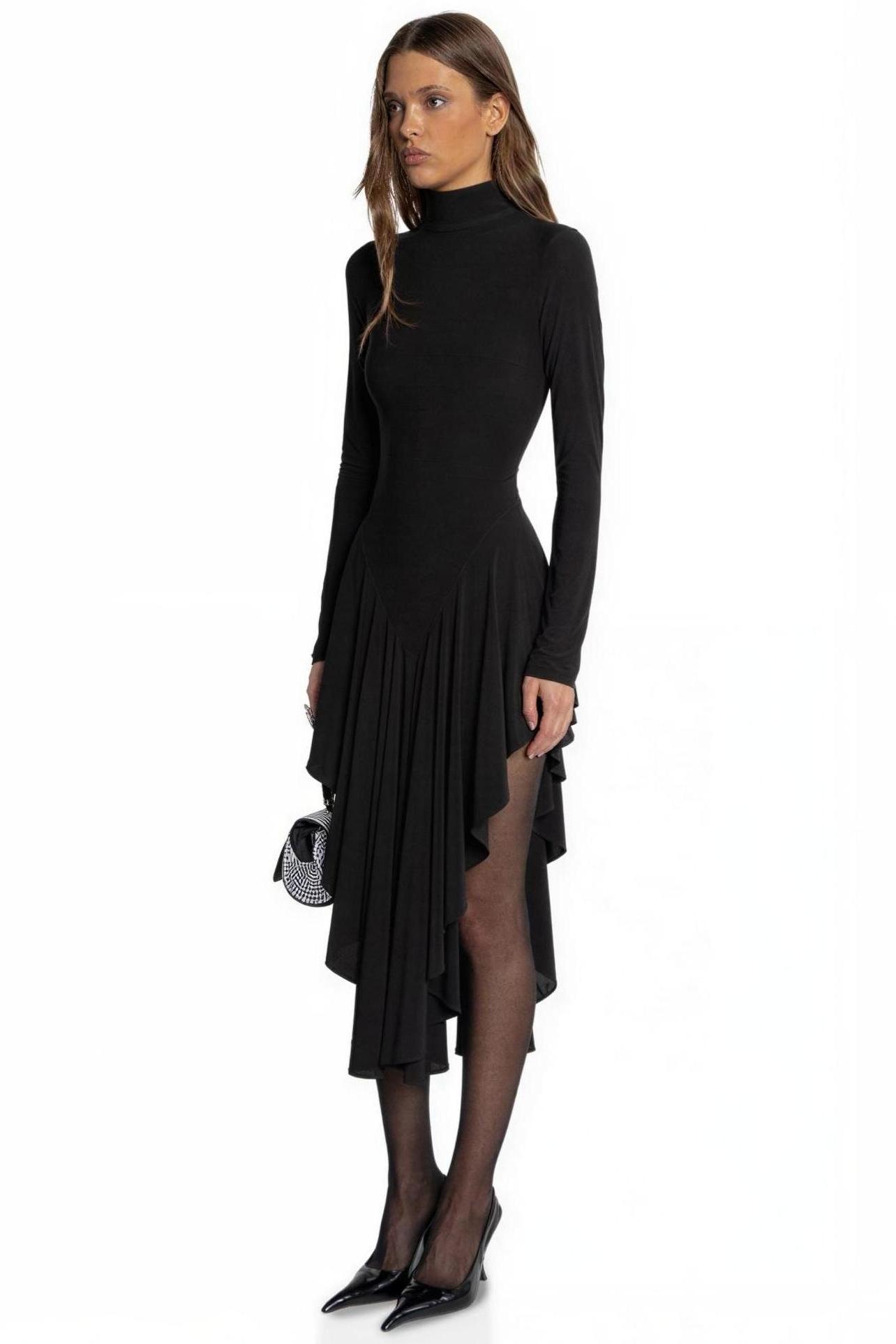 Jersey Long Sleeve Ruffle Midi Dress