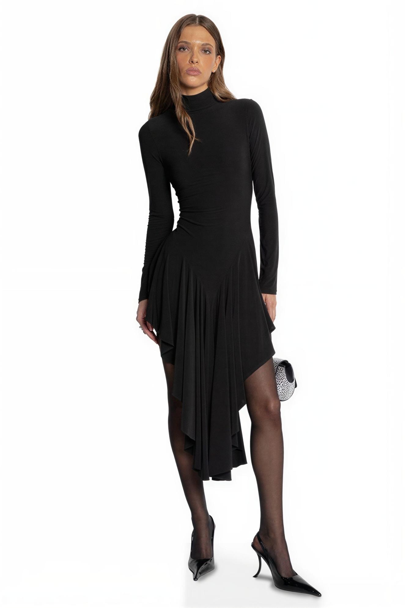 Jersey Long Sleeve Ruffle Midi Dress