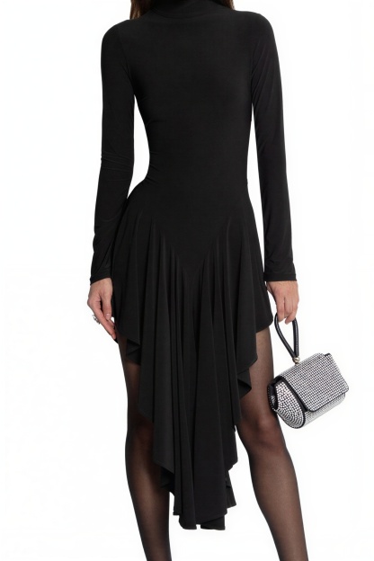 Jersey Long Sleeve Ruffle Midi Dress