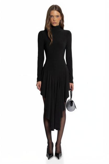 Jersey Long Sleeve Ruffle Midi Dress