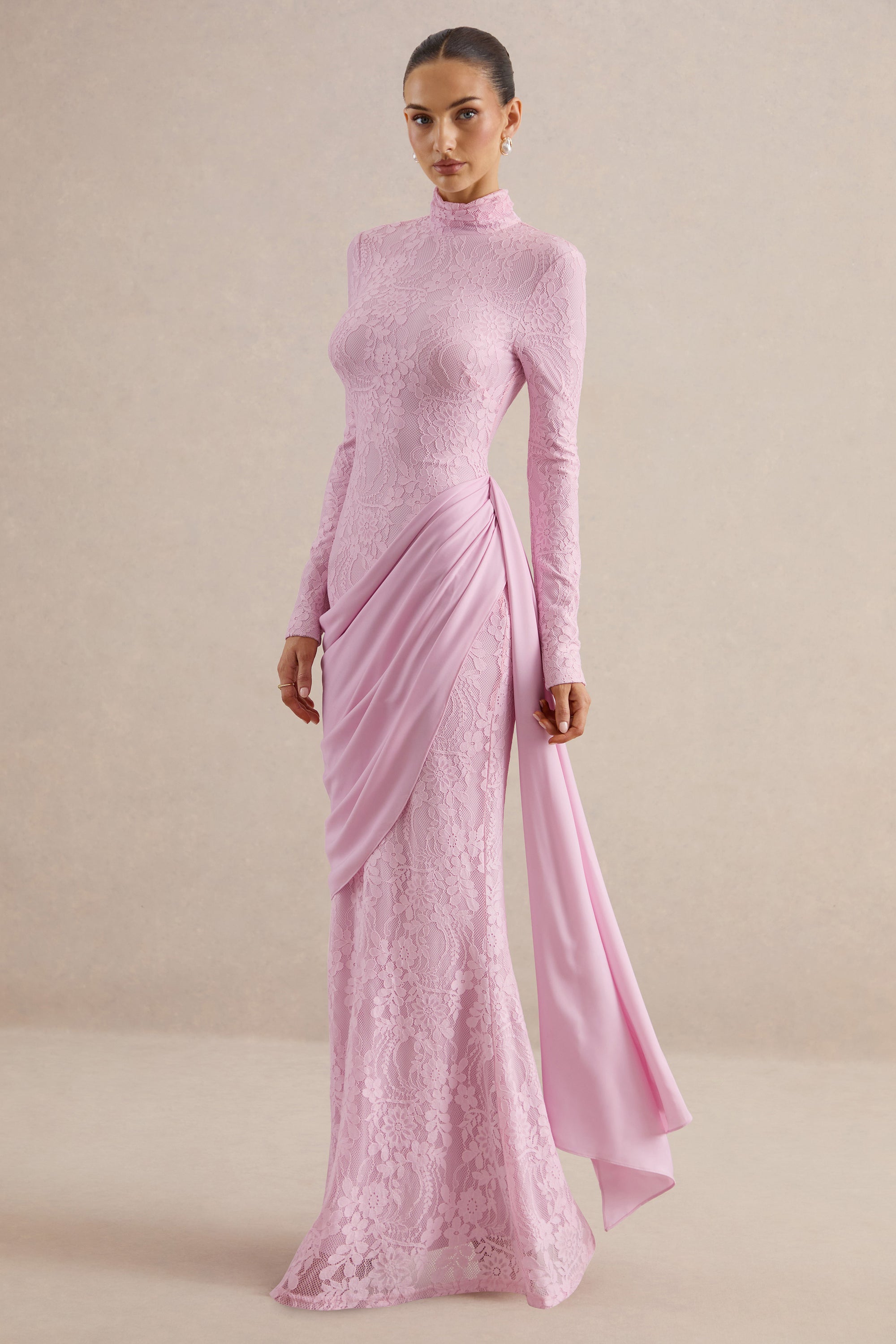 Lace Splicing Jersey Long Sleeve Maxi Dress
