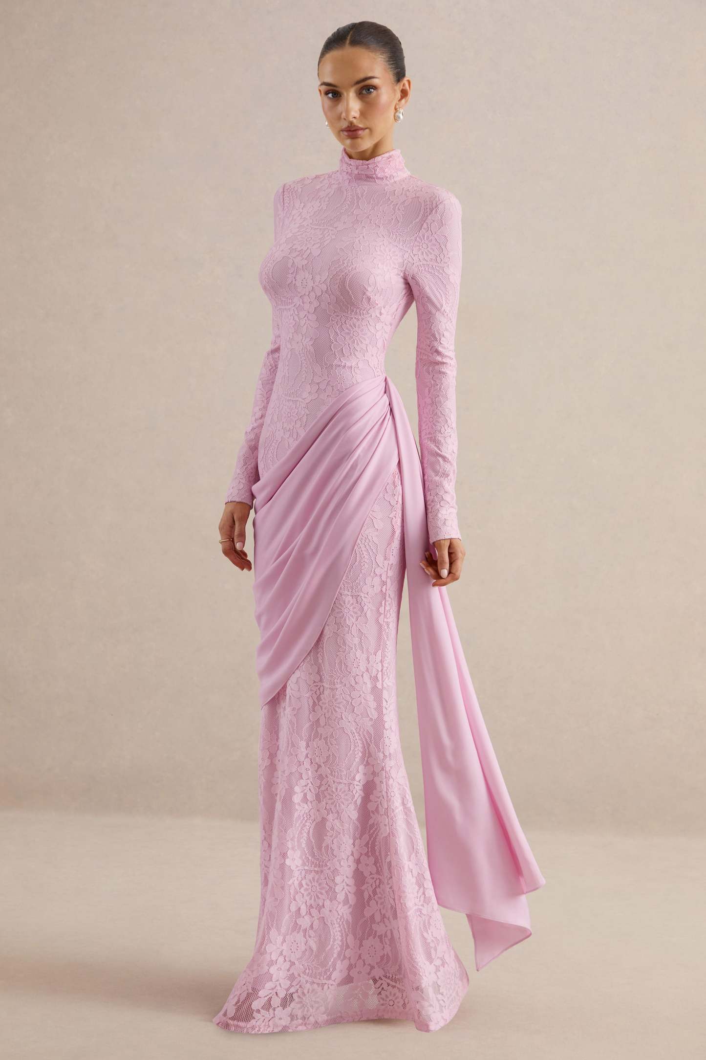 Lace Splicing Jersey Long Sleeve Maxi Dress
