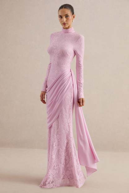Lace Splicing Jersey Long Sleeve Maxi Dress