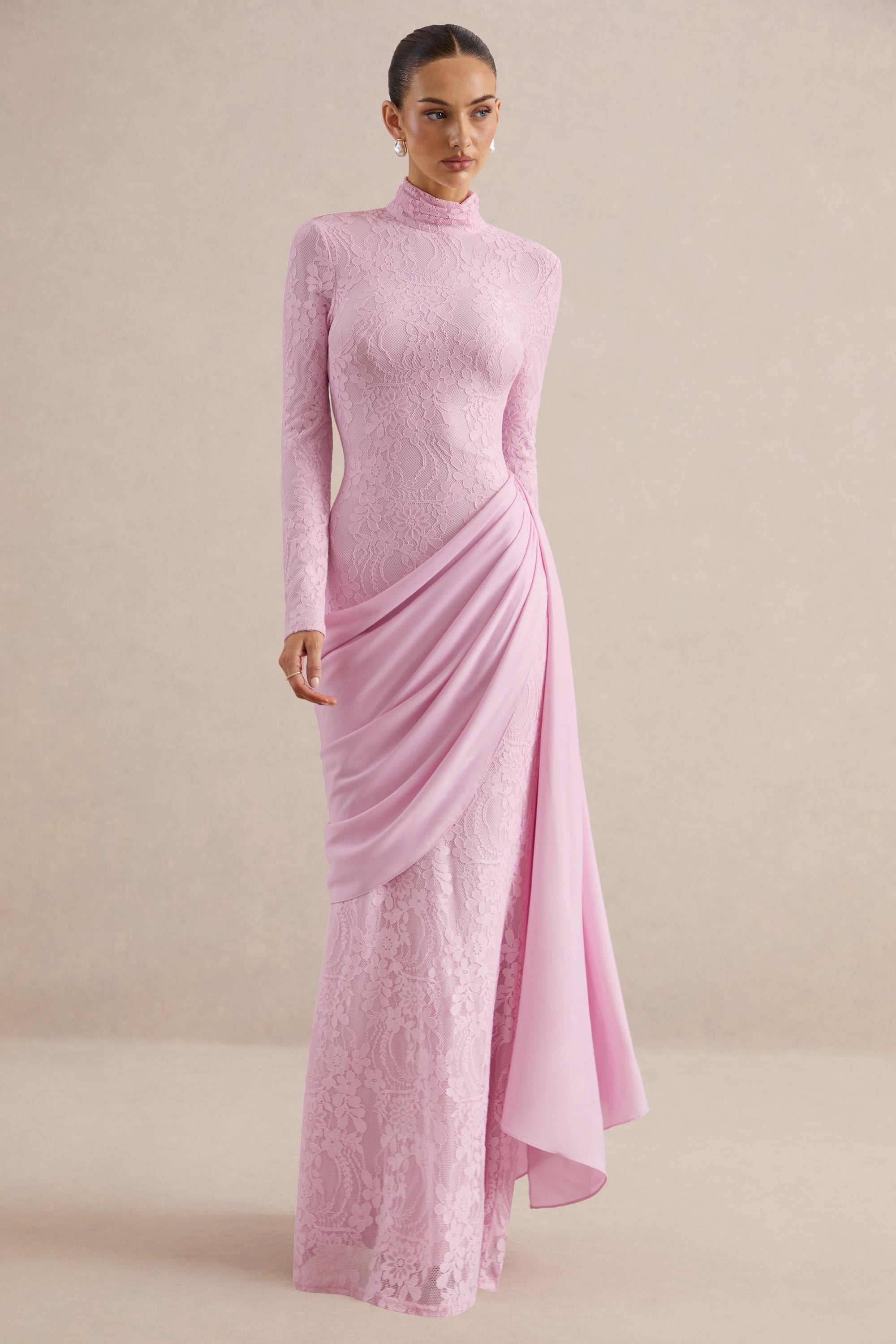 Lace Splicing Jersey Long Sleeve Maxi Dress