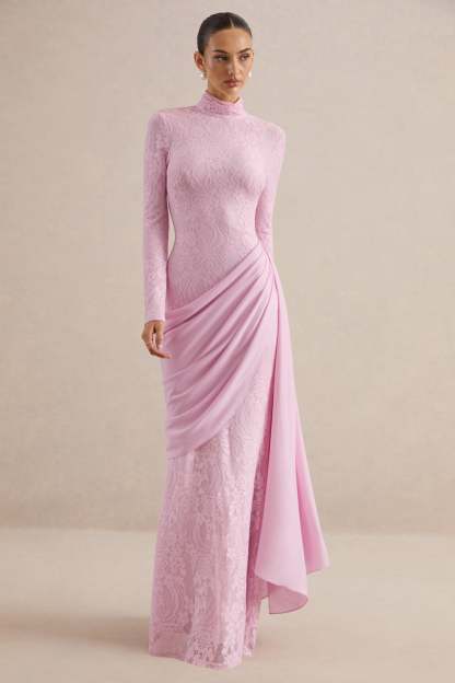 Lace Splicing Jersey Long Sleeve Maxi Dress