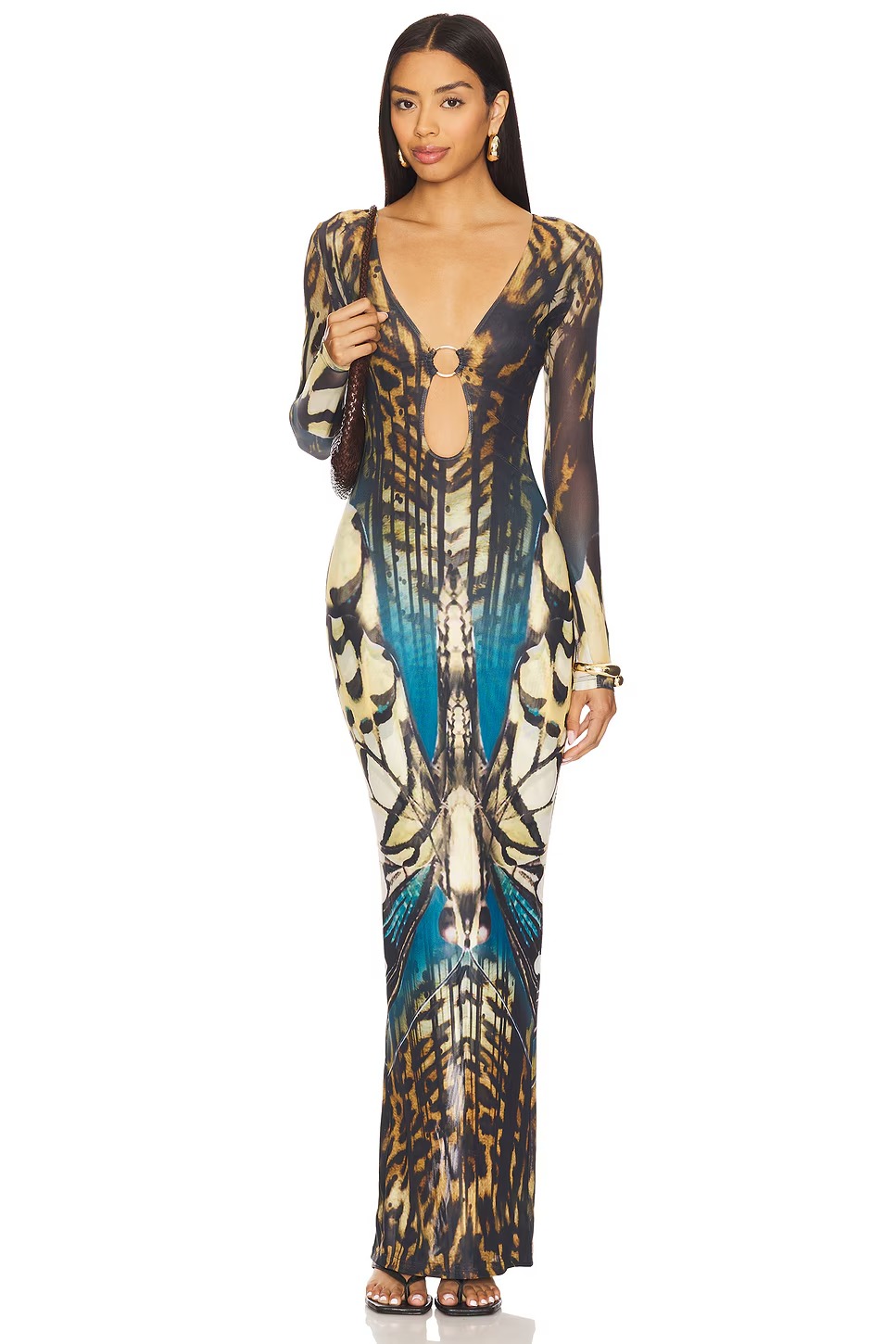 Mesh Butterfly Print See-Through Maxi Dress