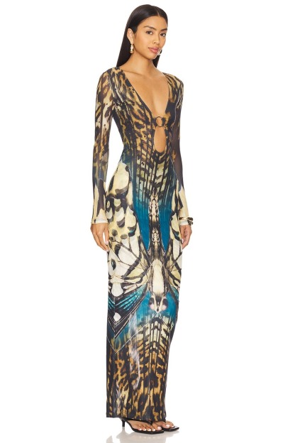 Mesh Butterfly Print See-Through Maxi Dress
