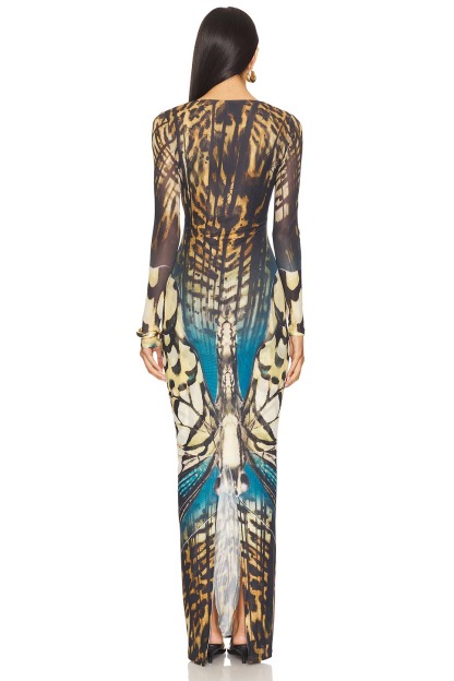 Mesh Butterfly Print See-Through Maxi Dress
