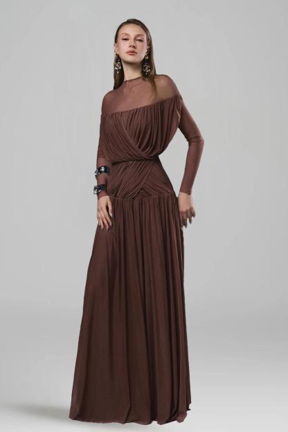 Mesh Gathering Long Sleeve Maxi Dress