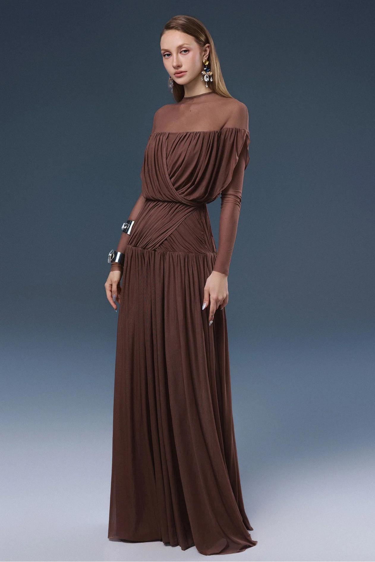 Mesh Gathering Long Sleeve Maxi Dress