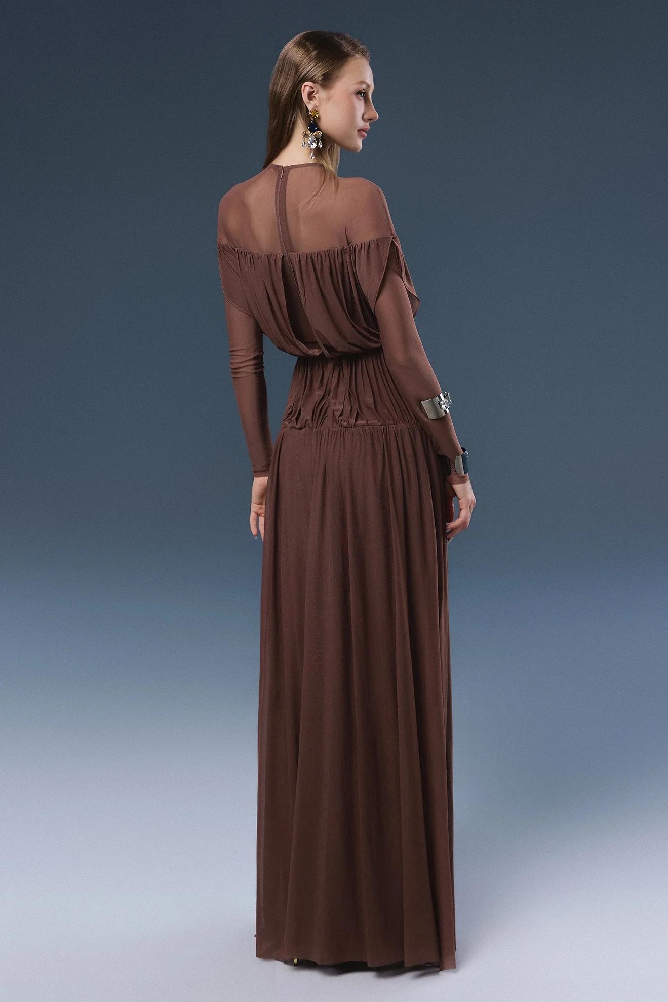 Mesh Gathering Long Sleeve Maxi Dress