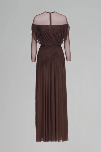 Mesh Gathering Long Sleeve Maxi Dress
