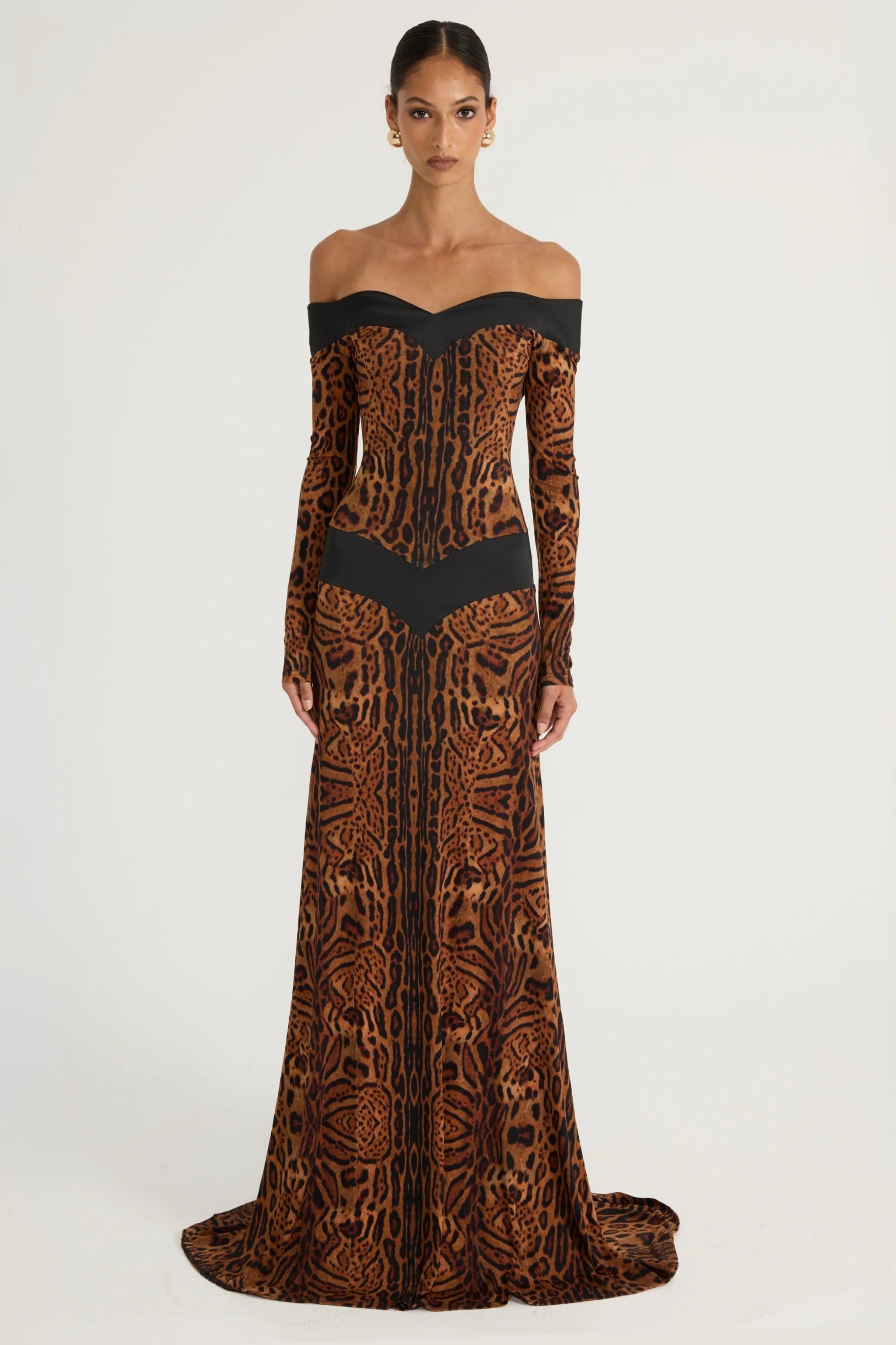 Leopard Print Off Shoulder Long Sleeve Maxi Dress