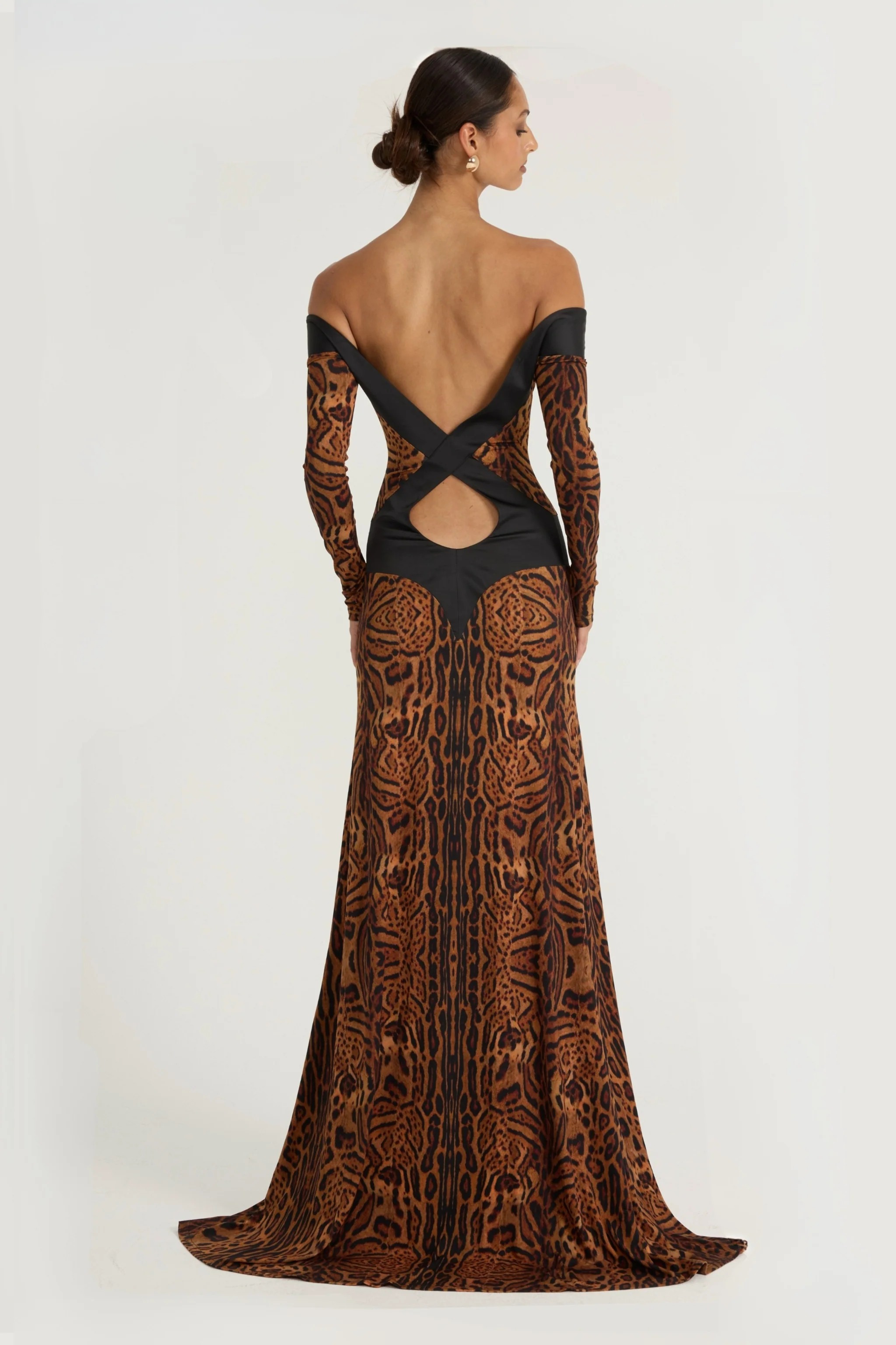 Leopard Print Off Shoulder Long Sleeve Maxi Dress
