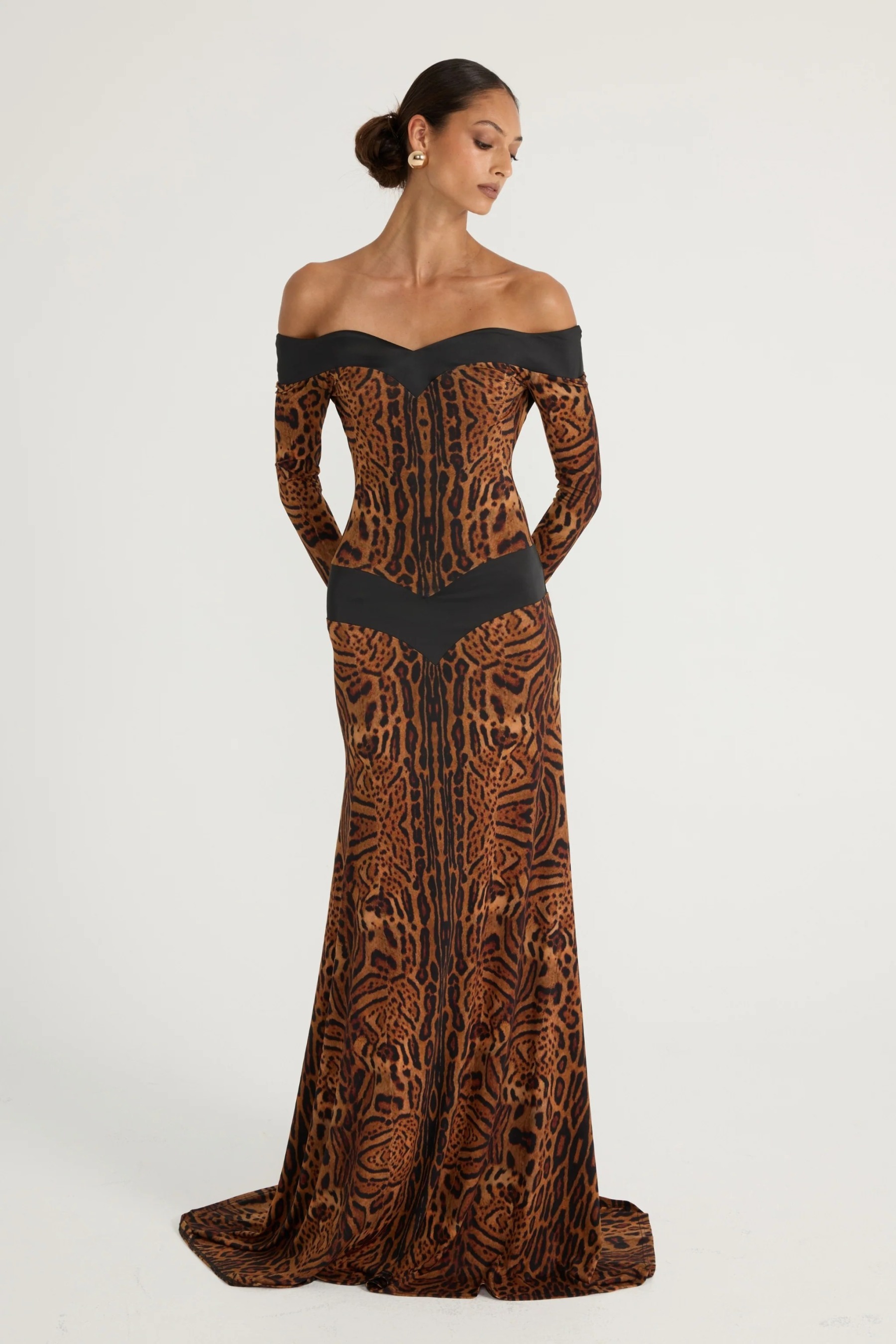Leopard Print Off Shoulder Long Sleeve Maxi Dress